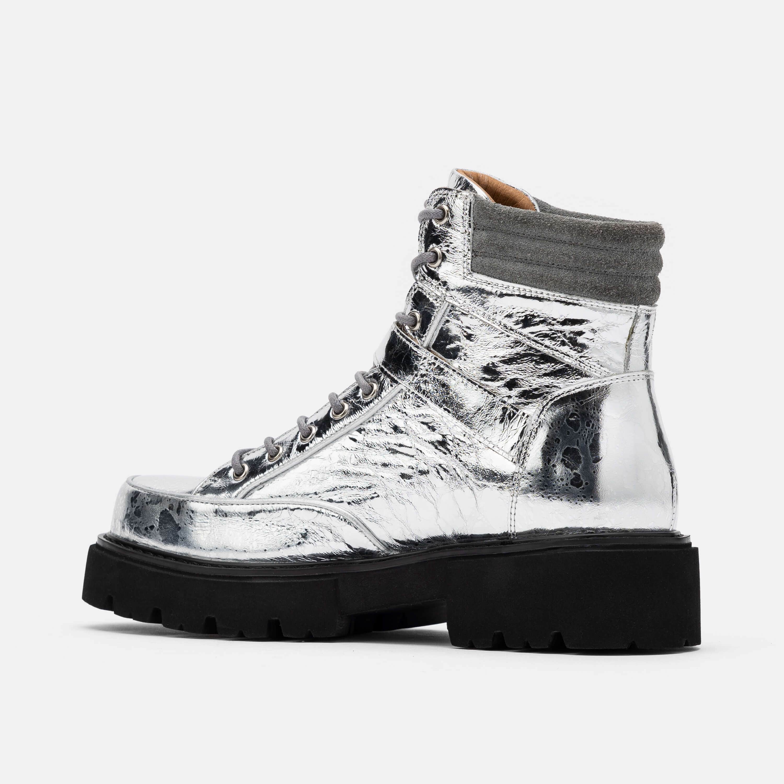 Ms. Atlas Chrome Patent Leather Strap Boots