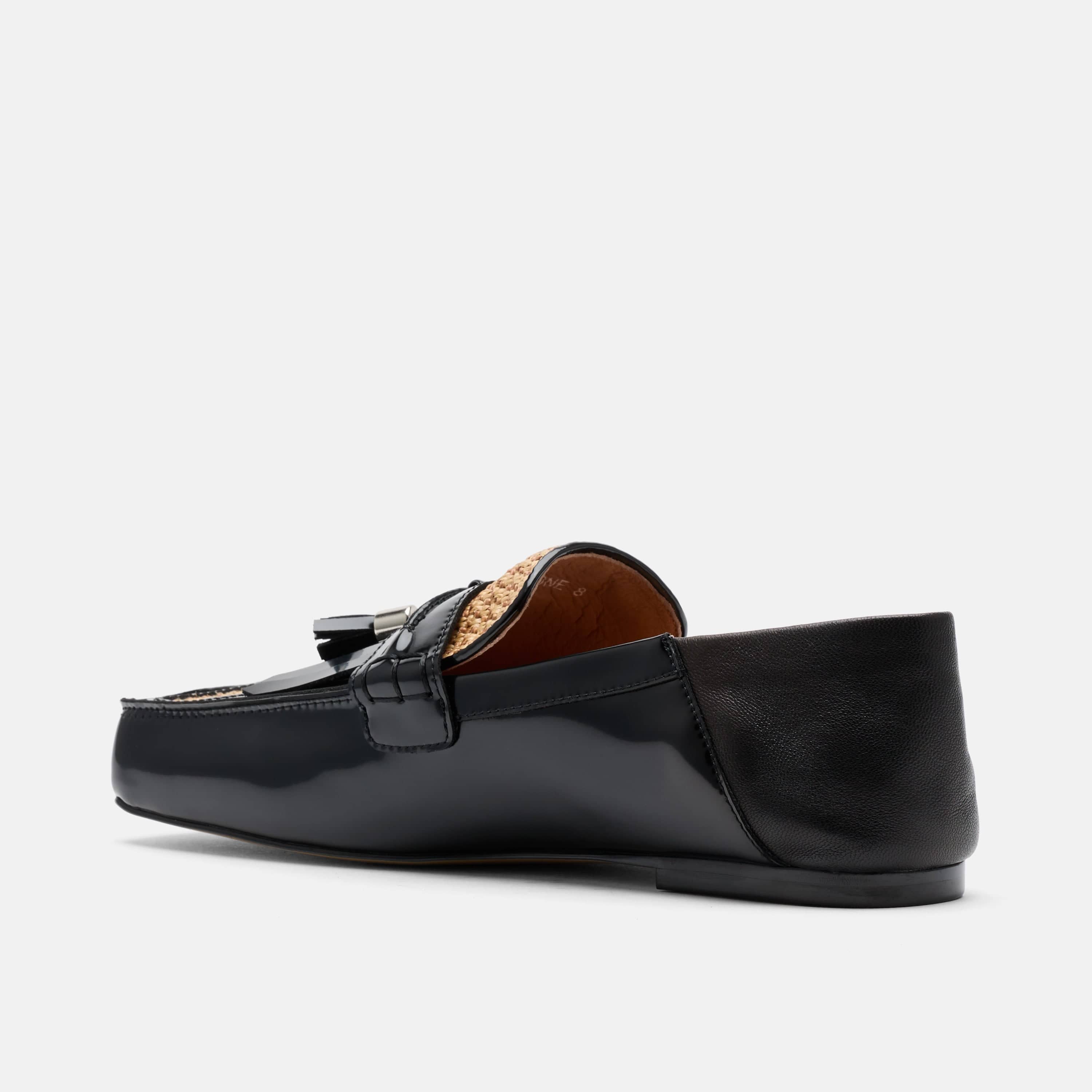 Simone Black/Tan Leather Raffia Tassel Loafers