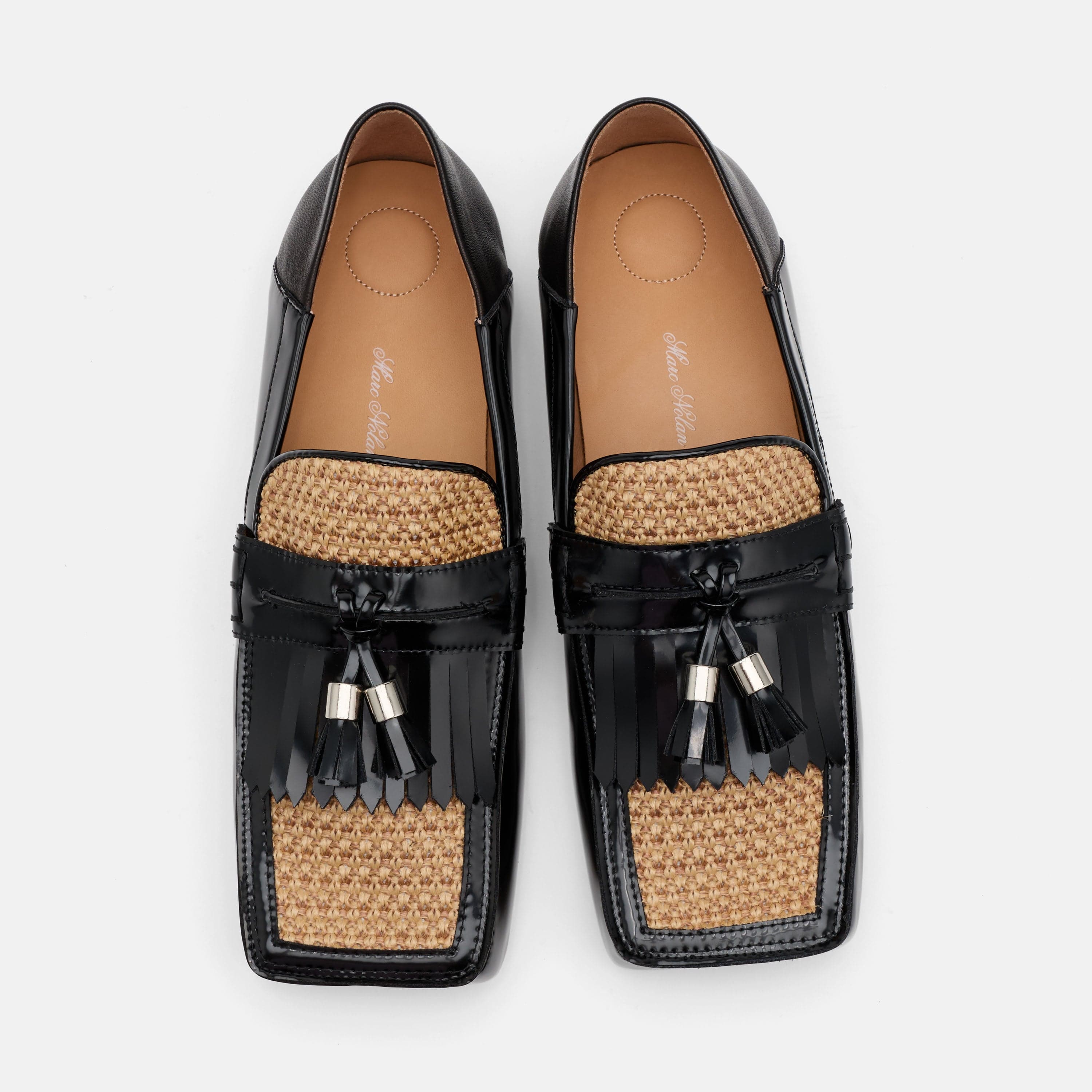 Simone Black/Tan Leather Raffia Tassel Loafers