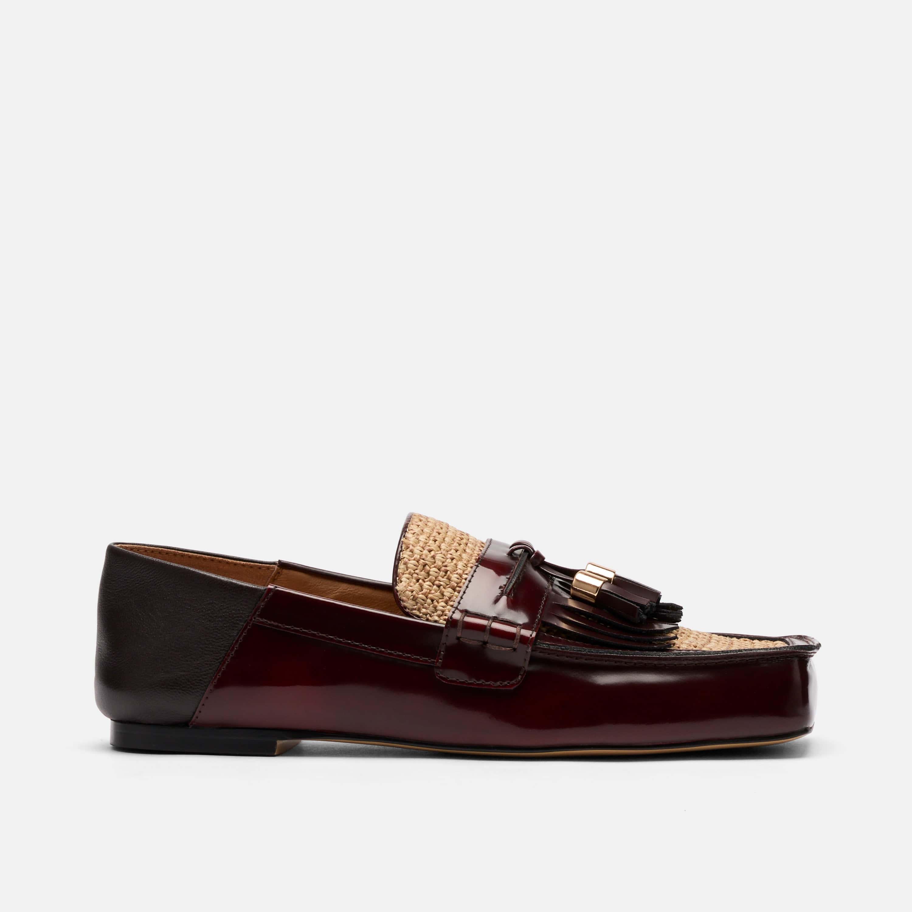 Simone Burgundy/Raffia Patent Leather Tassel Loafers