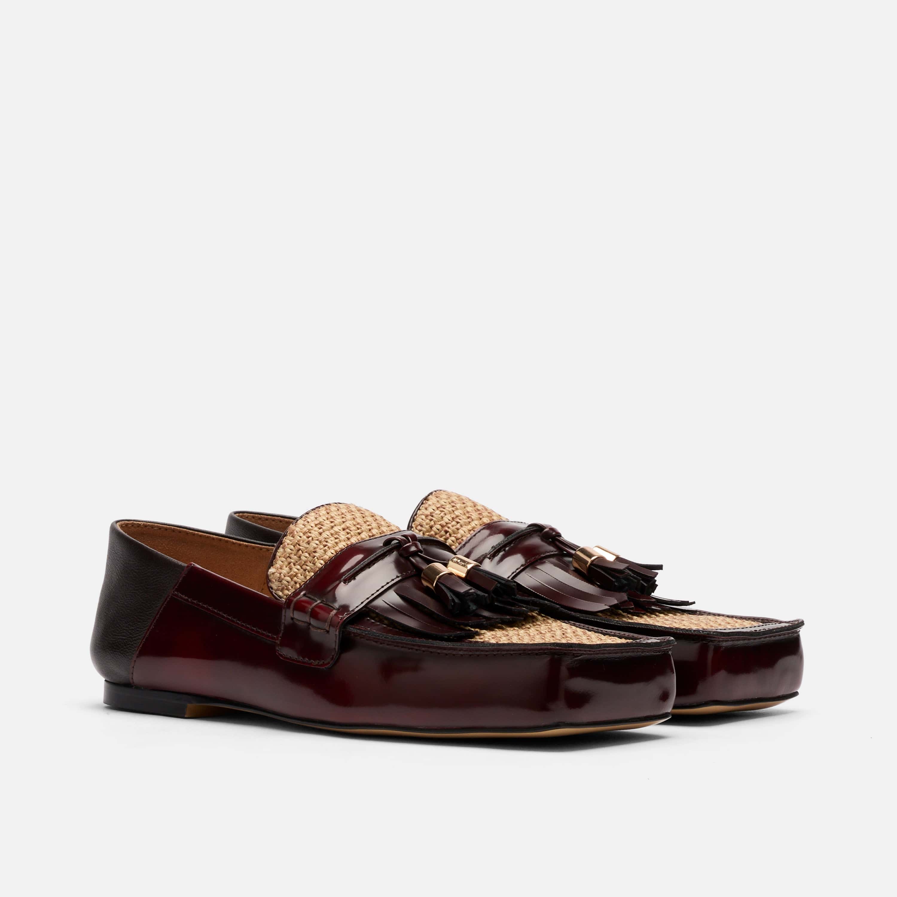 Simone Burgundy/Raffia Patent Leather Tassel Loafers