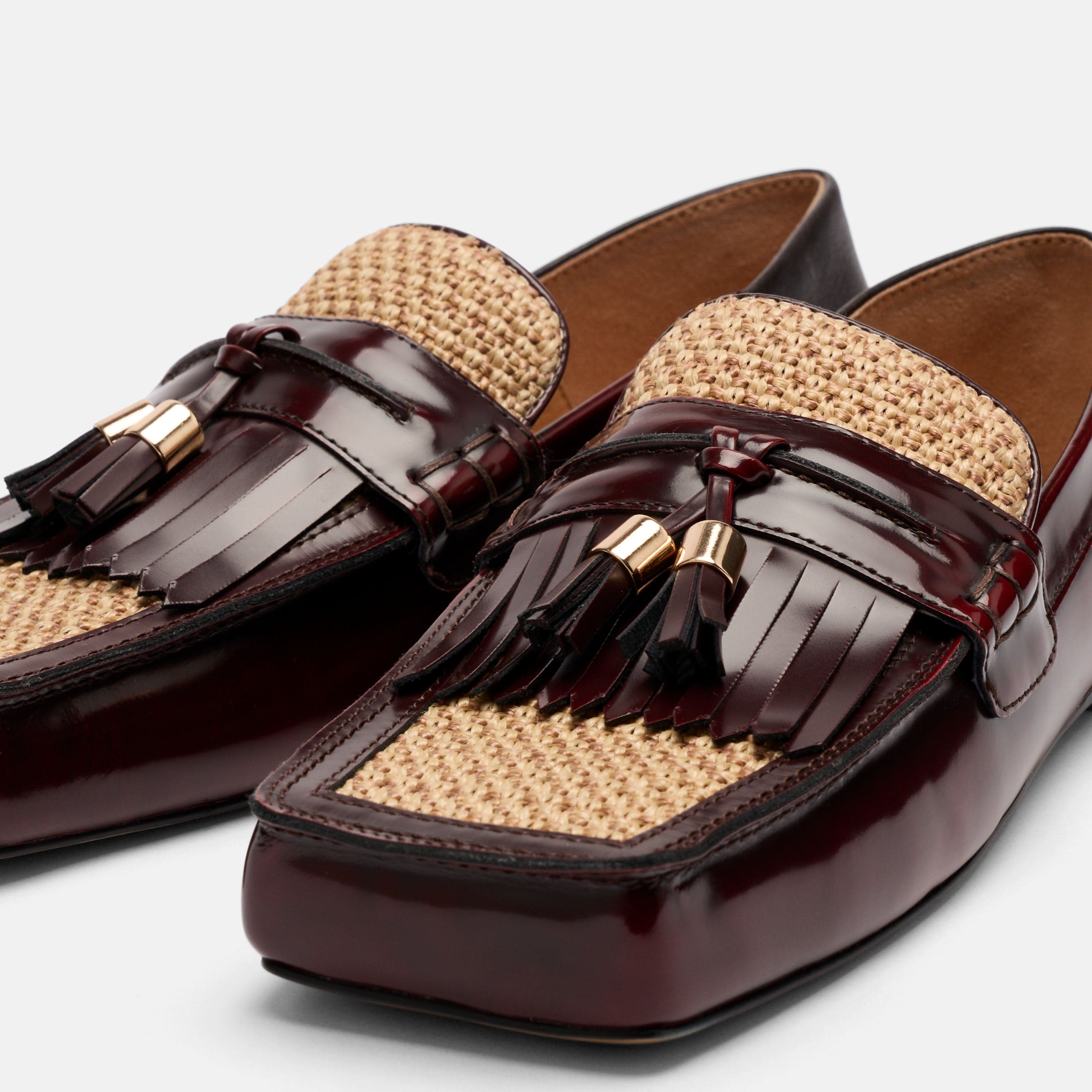 Simone Burgundy/Raffia Patent Leather Tassel Loafers