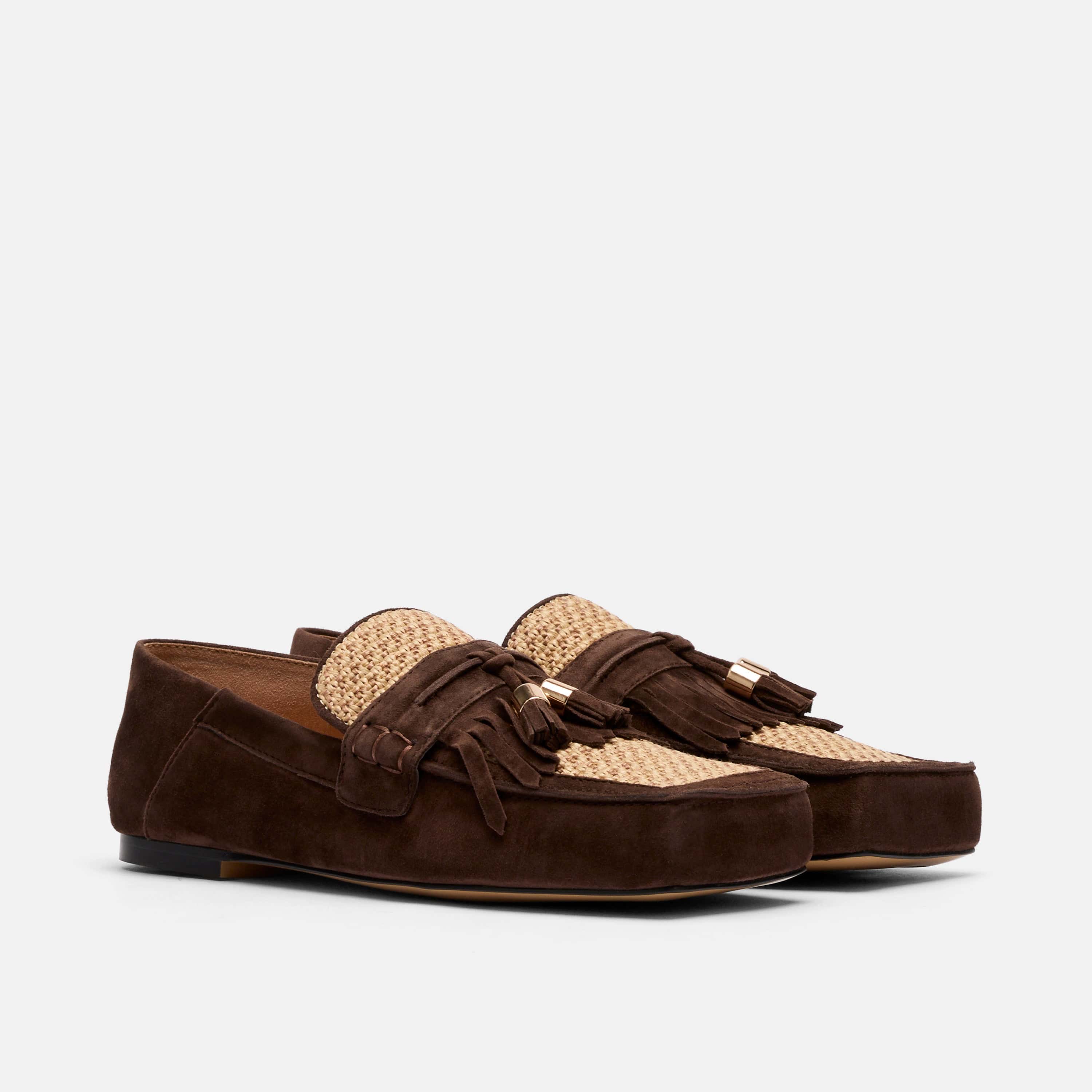 Simone Chocolate/Raffia Suede Tassel Loafers
