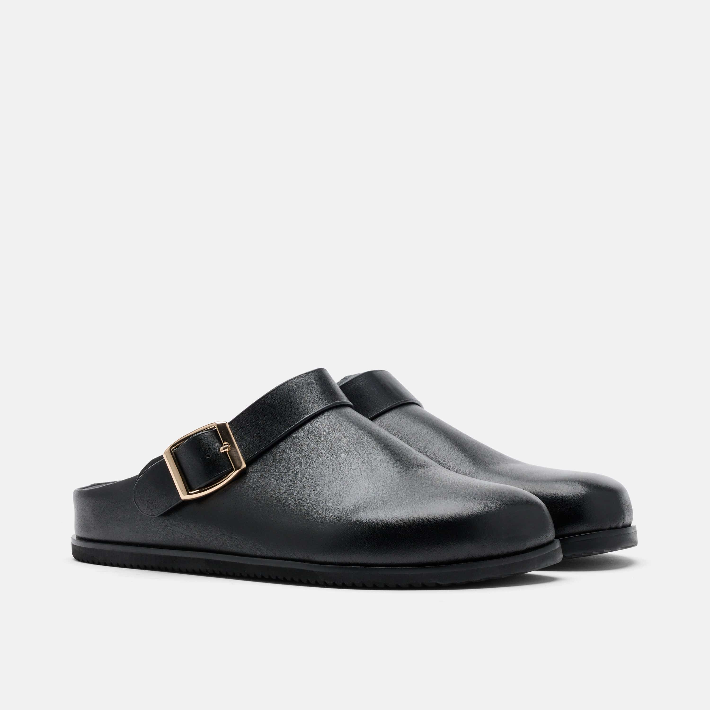 Solana Black Leather Backstrap Clogs