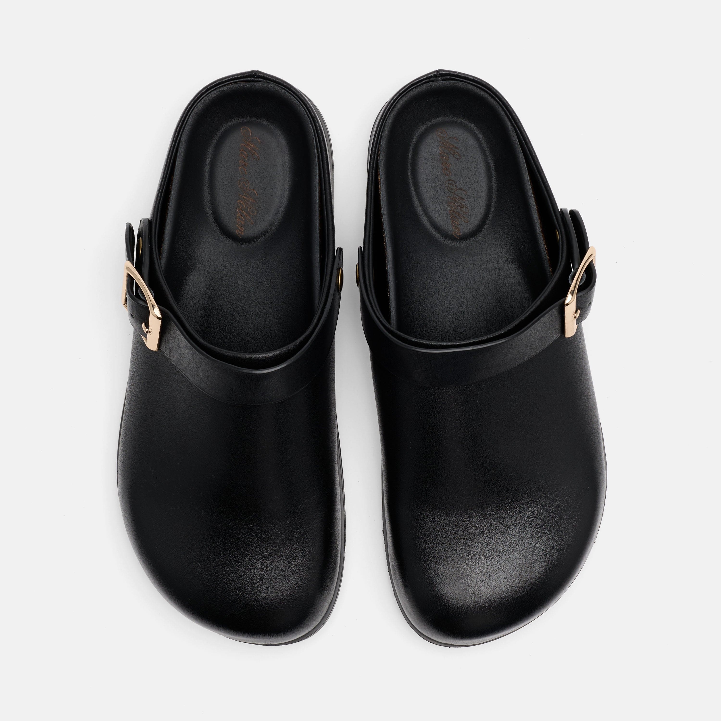 Solana Black Leather Backstrap Clogs