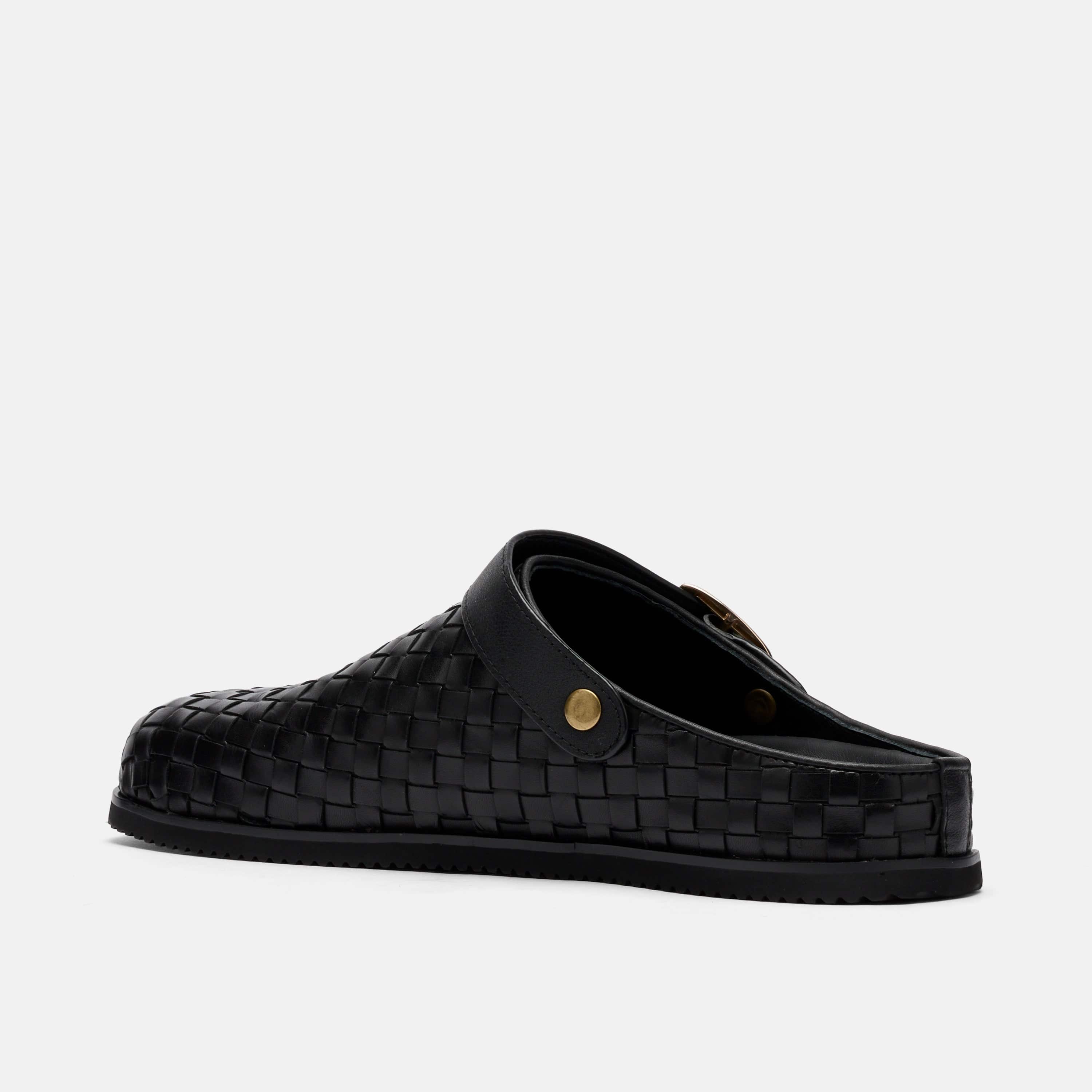 Solana Black Woven Leather Backstrap Clogs