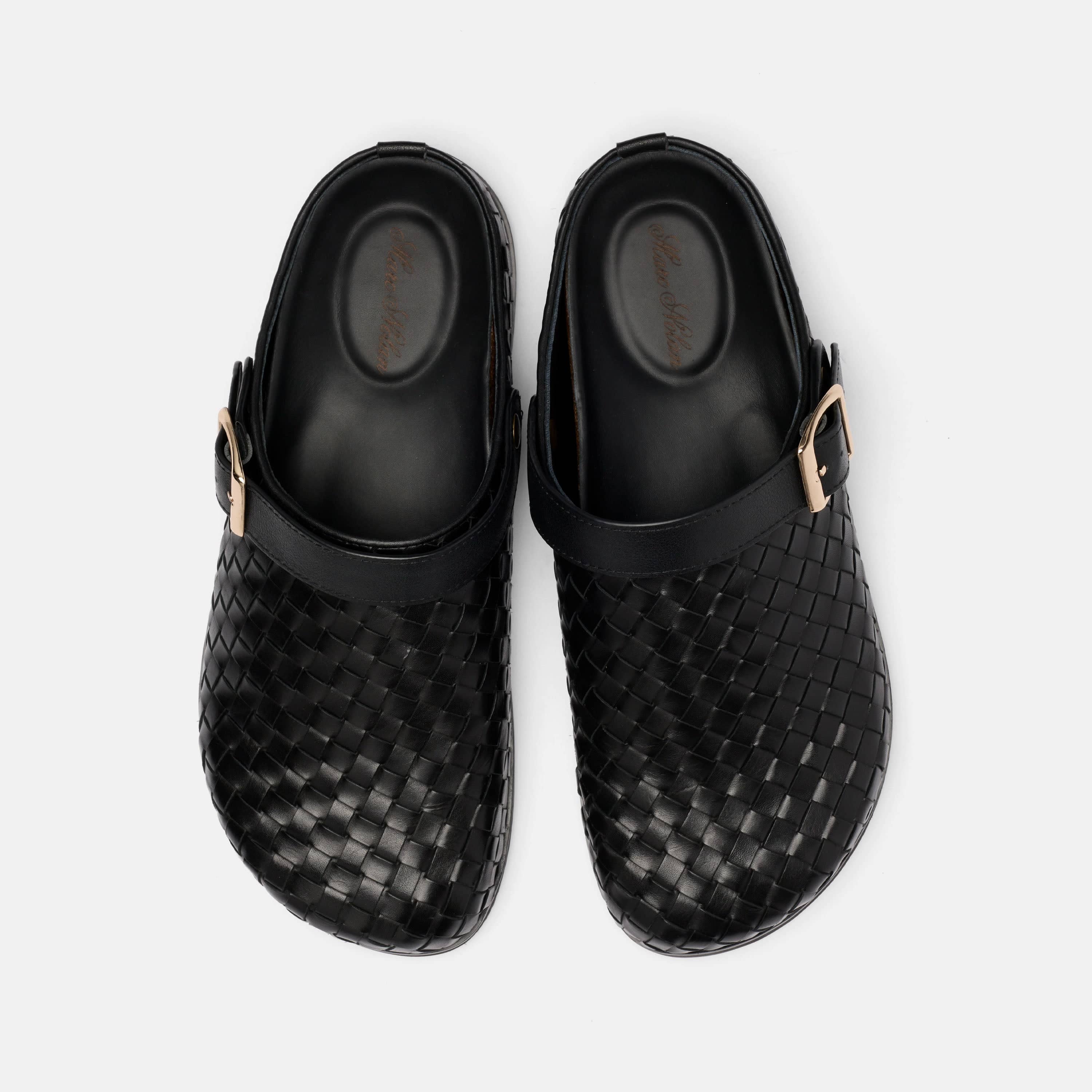 Solana Black Woven Leather Backstrap Clogs