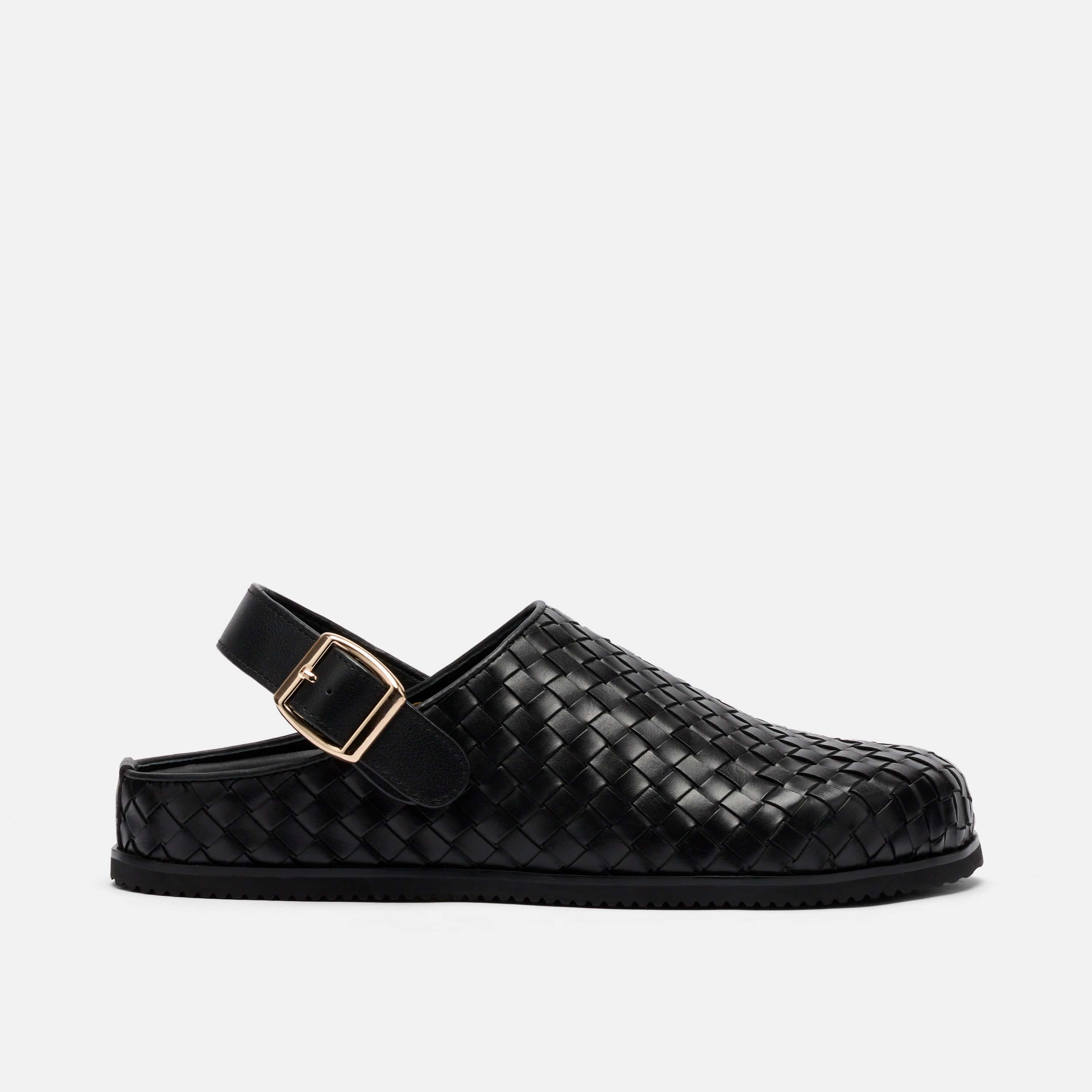 Solana Black Woven Leather Backstrap Clogs