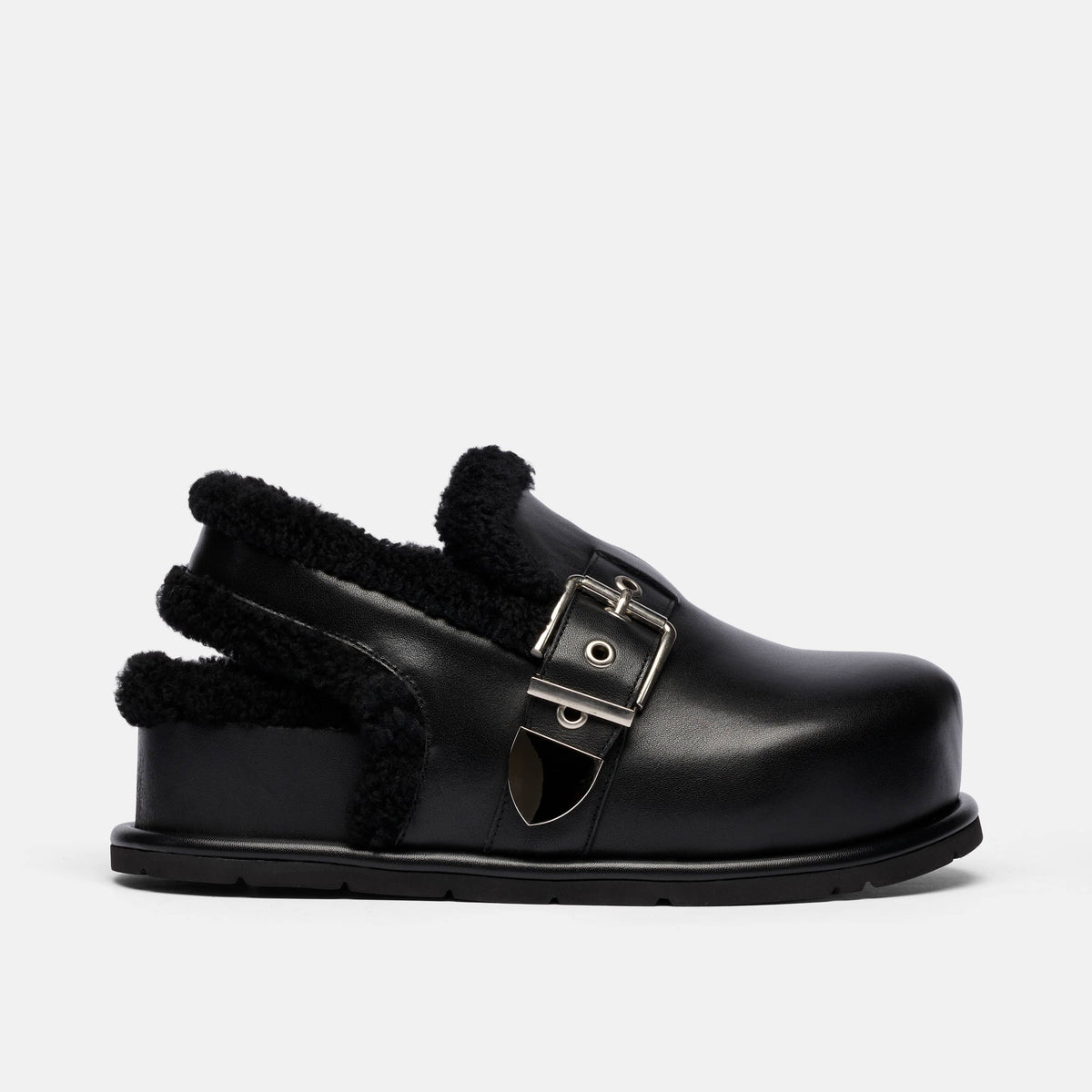 Teddy Black Leather Shearling Buckle Clog