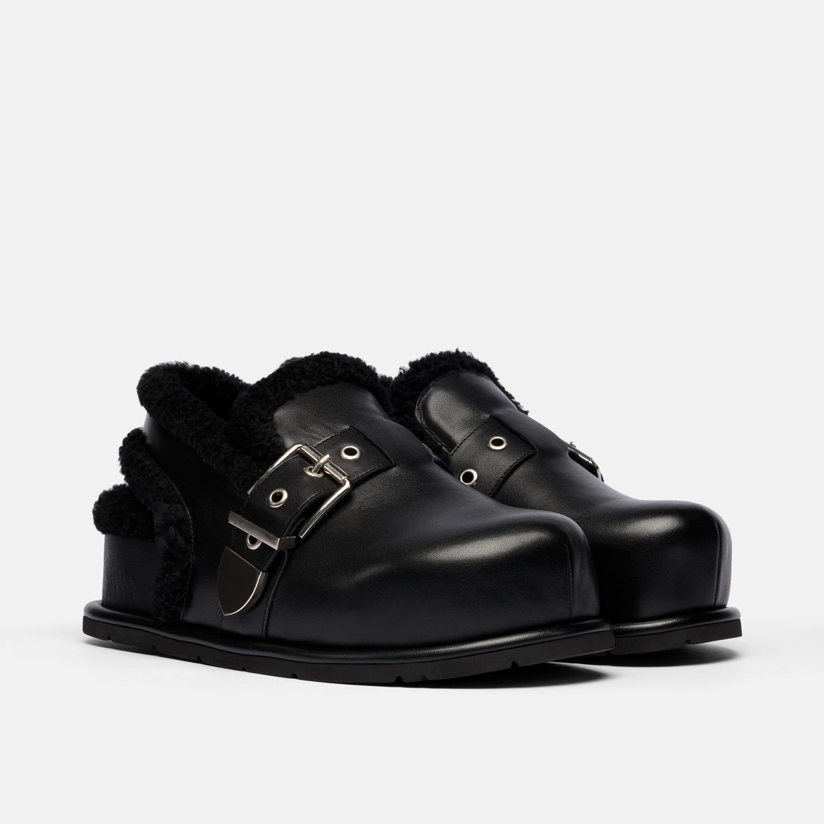 Teddy Black Leather Shearling Buckle Clog