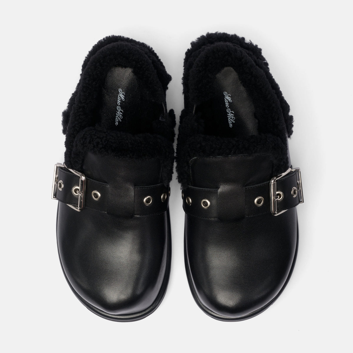 Teddy Black Leather Shearling Buckle Clog