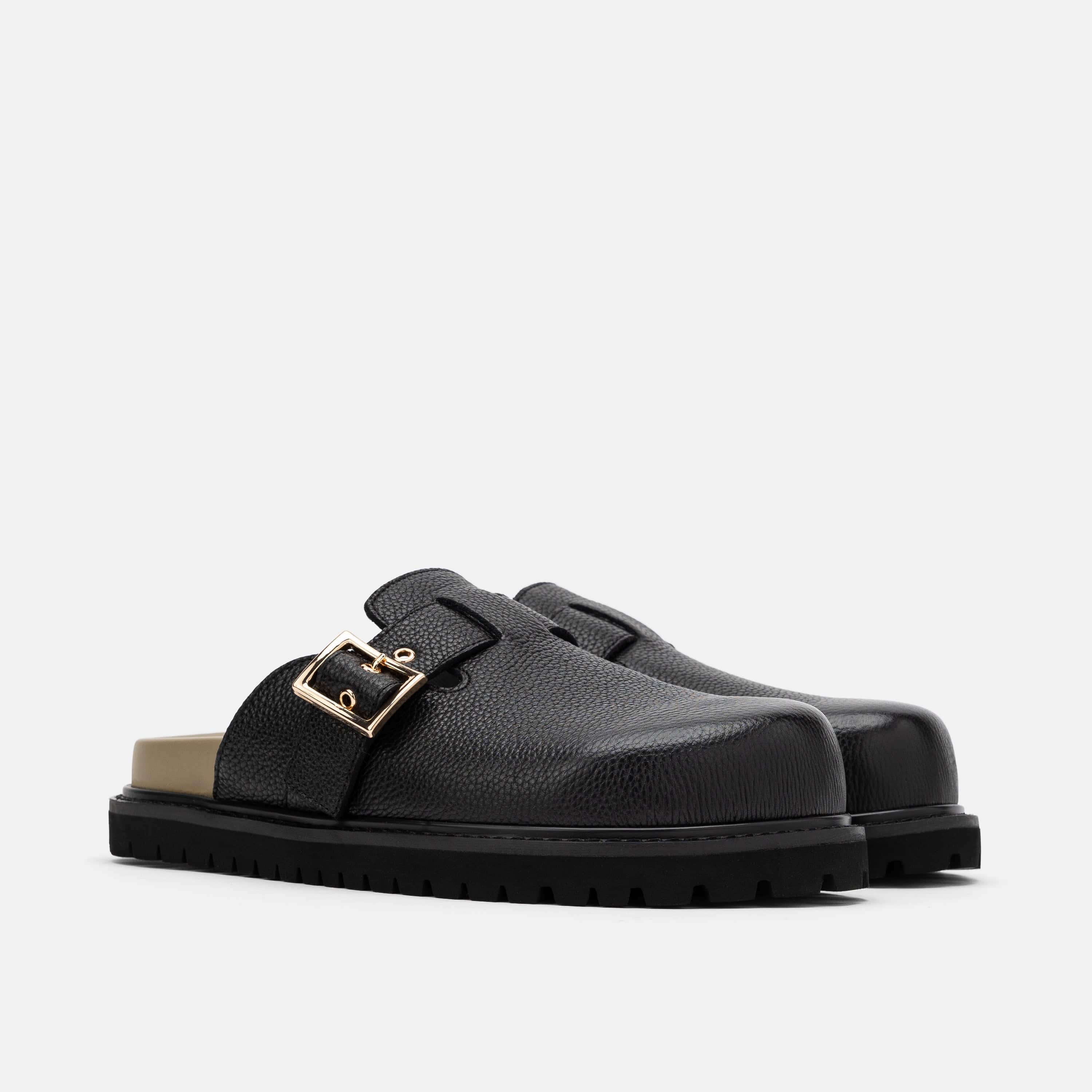 Shiloh Black Leather Clogs