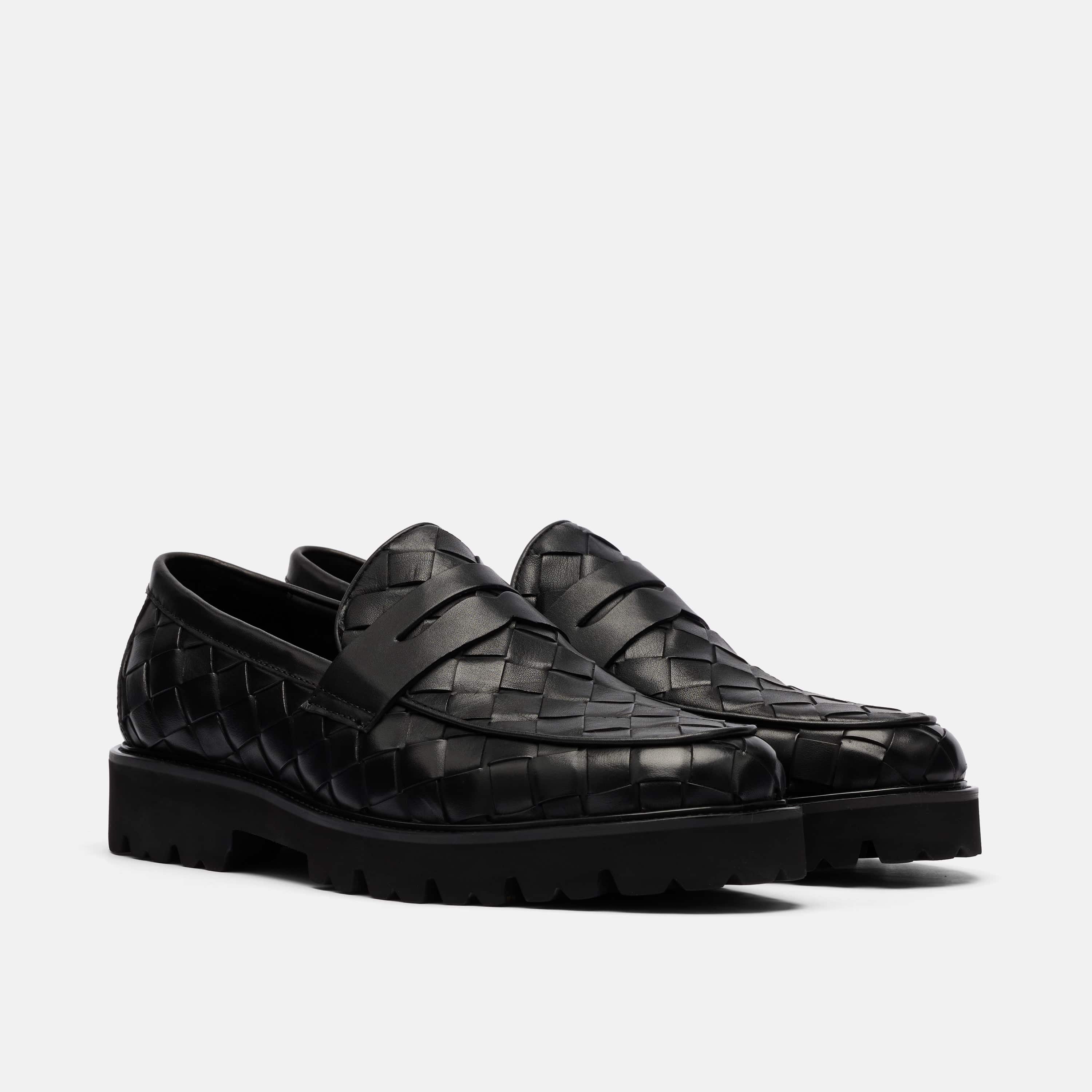 Adler Black Woven Leather Lug Penny Loafers