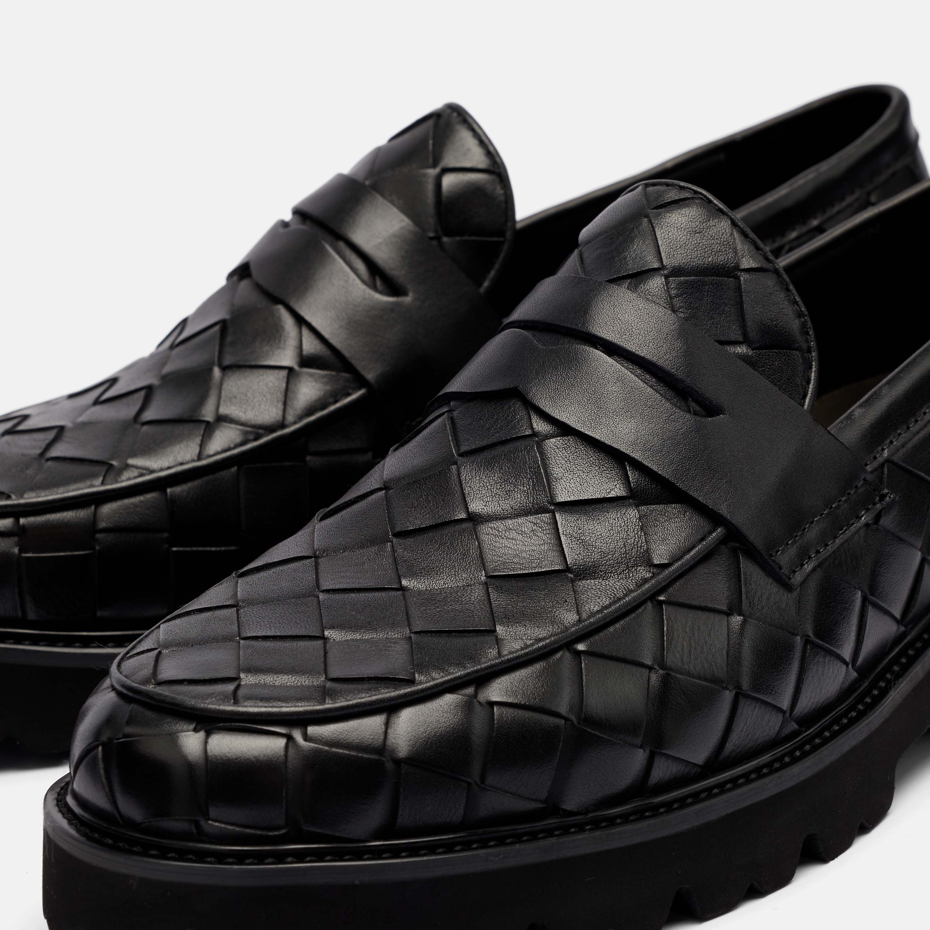 Adler Black Woven Leather Lug Penny Loafers