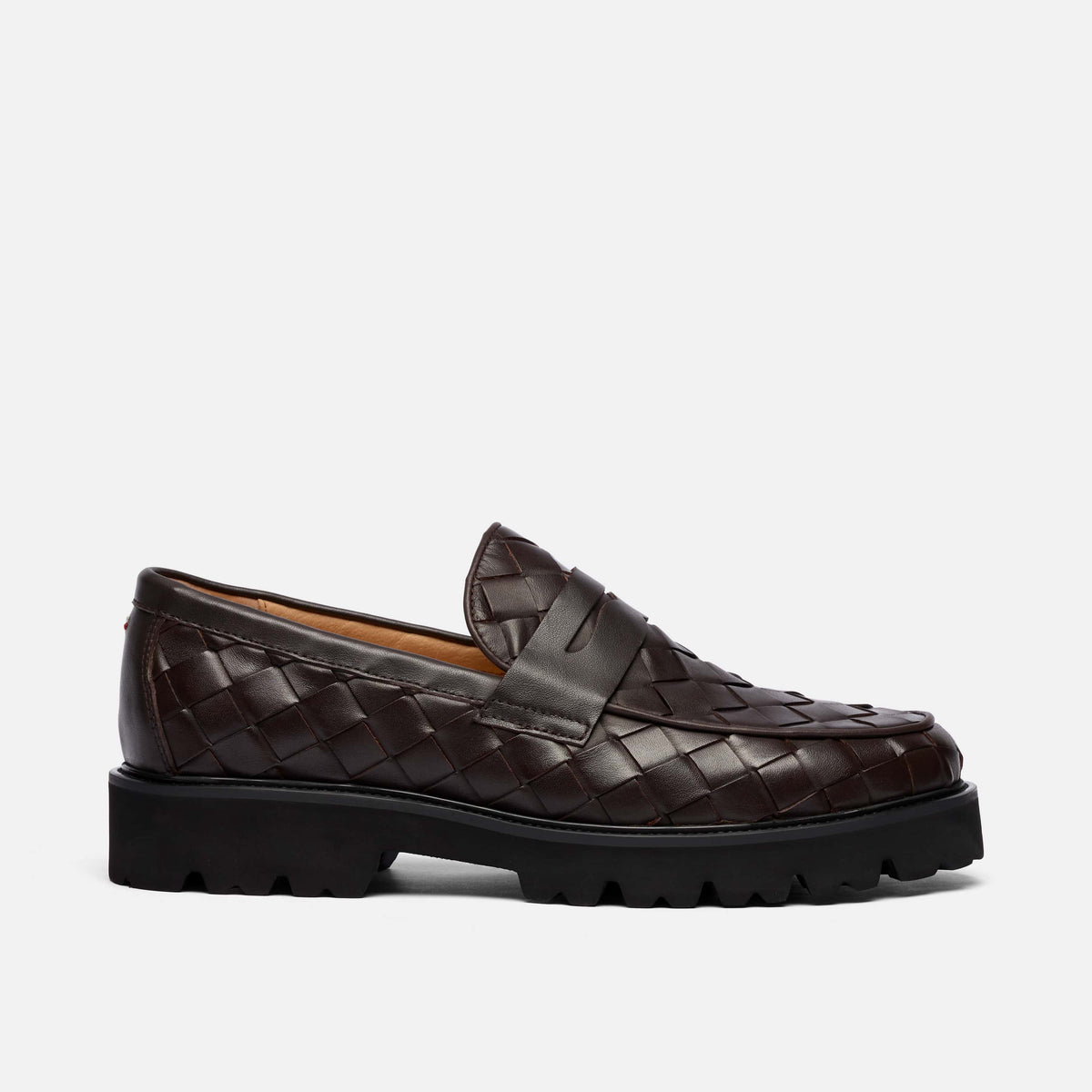 Adler Dark Brown Woven Leather Lug Penny Loafers