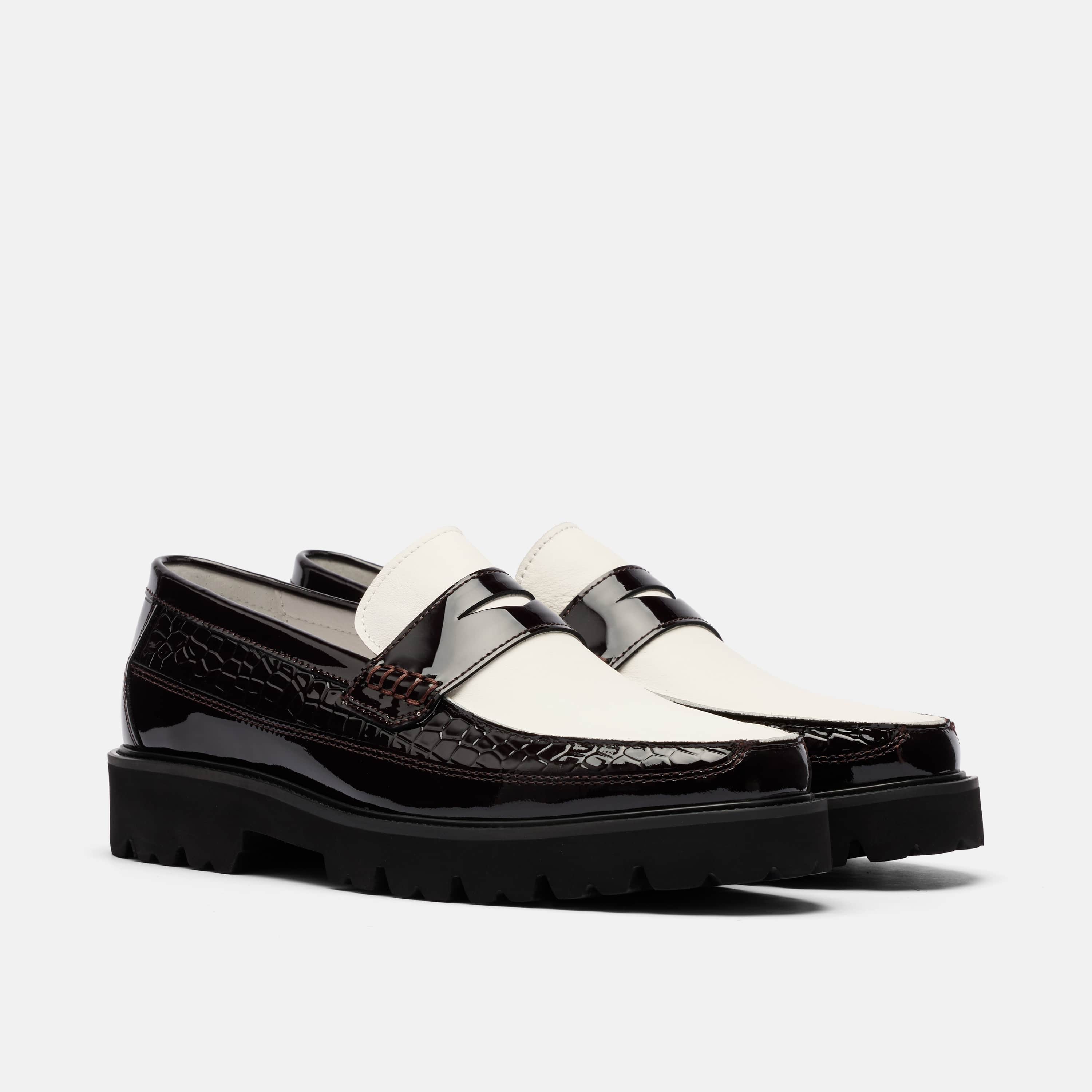Adler Oxblood/White Patent Leather Lug Penny Loafers