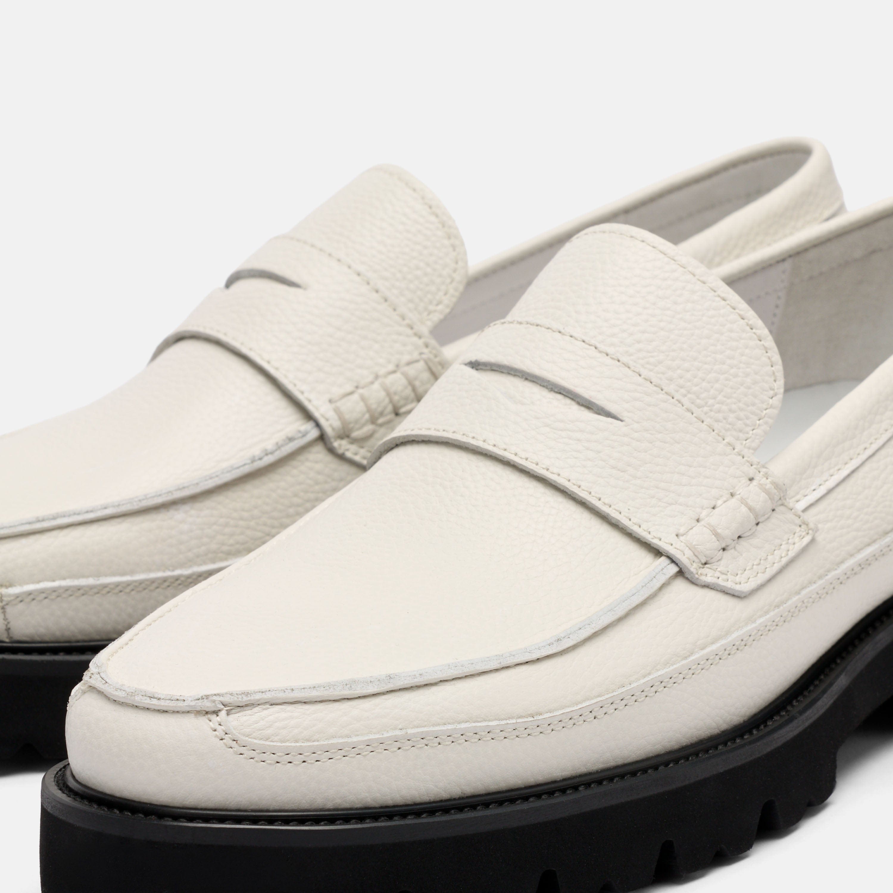 Adler White Pebble Leather Lug Penny Loafers