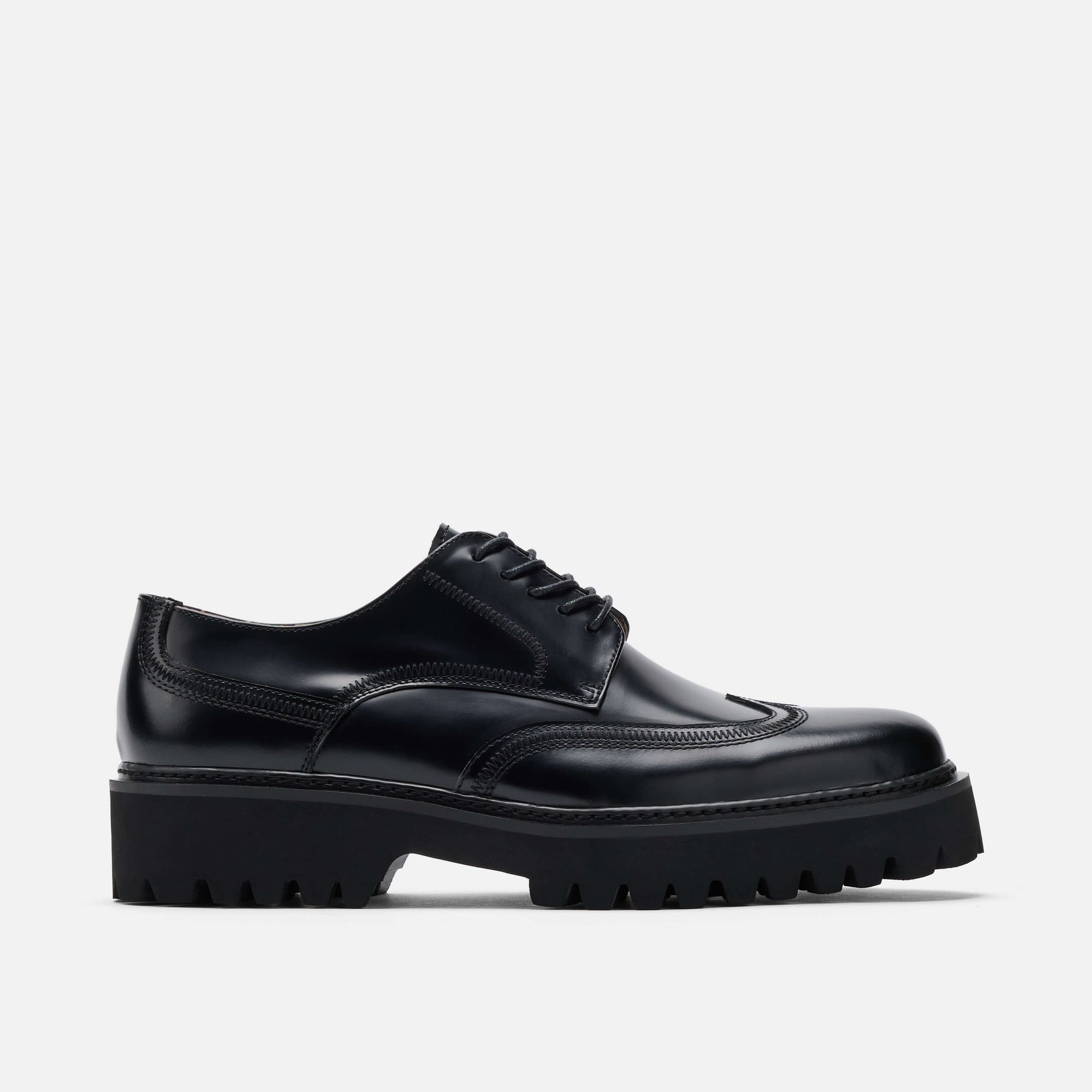 Ronan Black Leather Lug Sole Wingtip Shoes