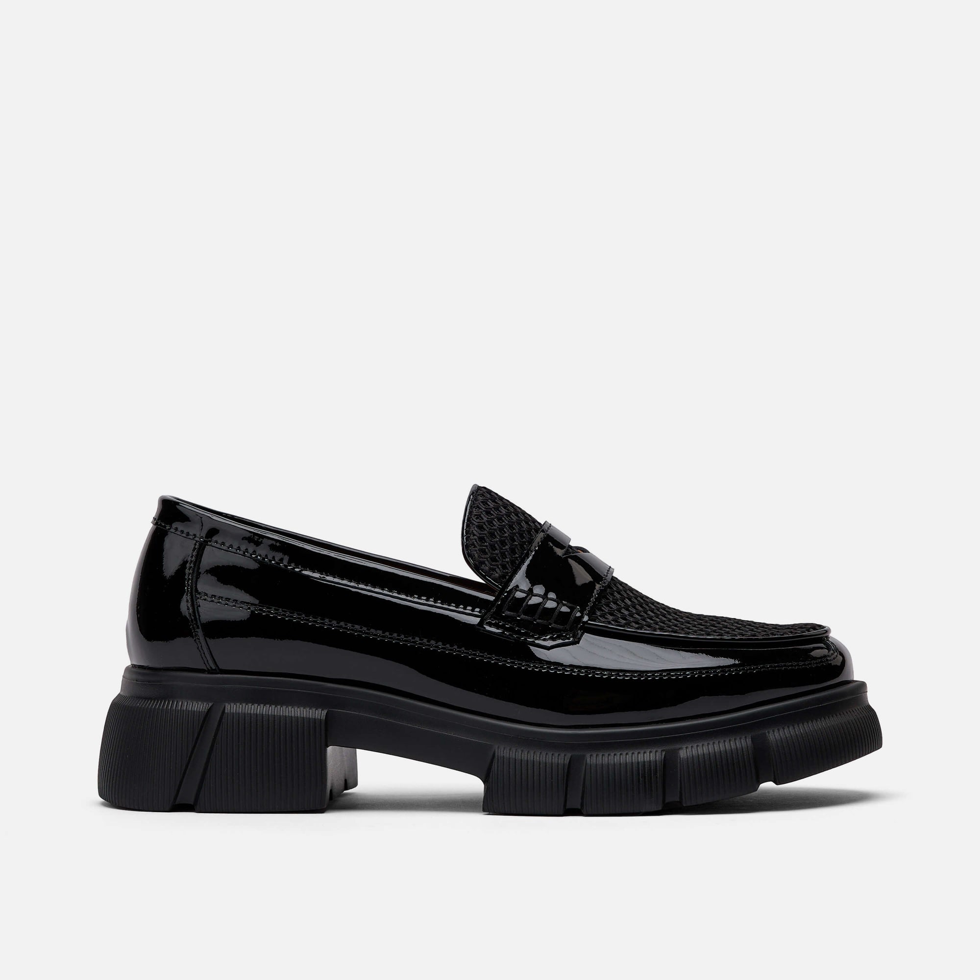 womens black patent leather lug penny loafers