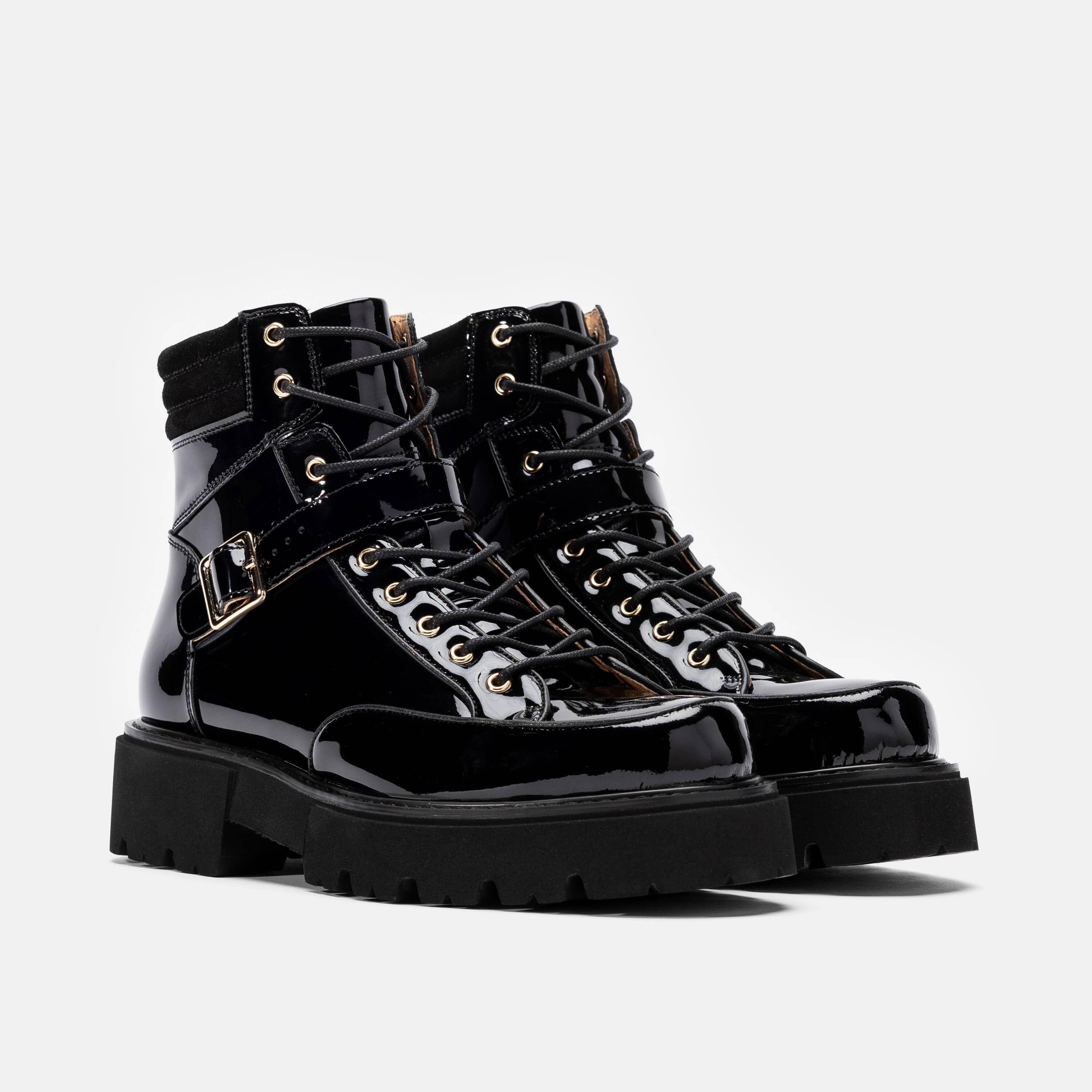 Ms. Atlas Black Patent Leather Strap Boots