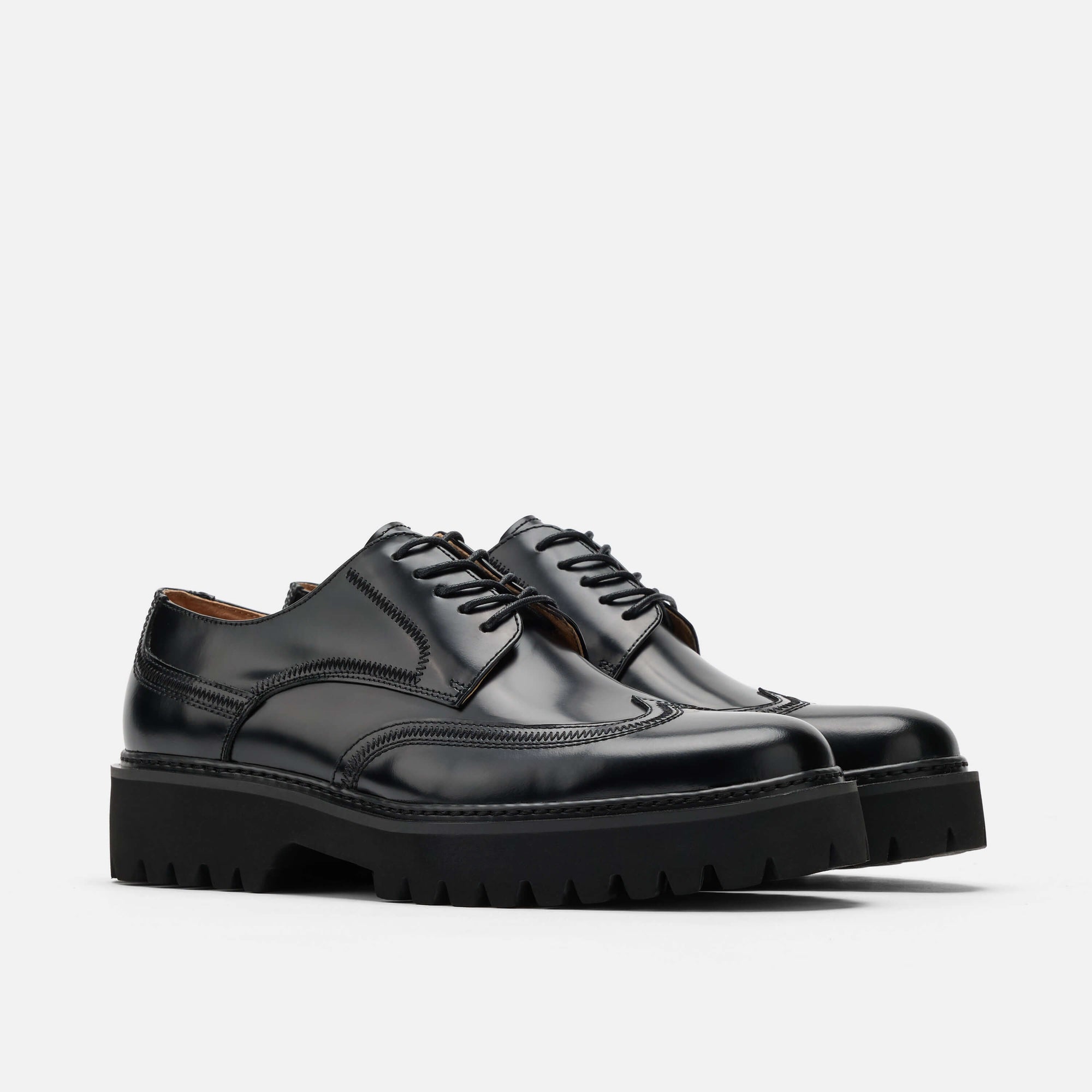 Ronan Black Leather Lug Sole Wingtip Shoes