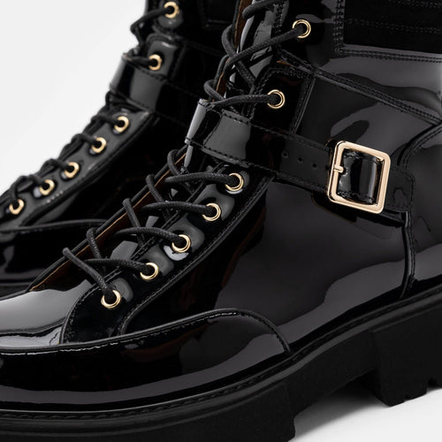 Ms. Atlas Black Patent Leather Strap Boots