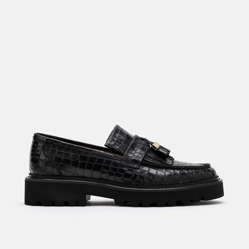  Journey Black Croc Leather Lug Tassel Loafer