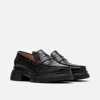 Ms. Calum Black Croc Leather Lug Penny Loafers