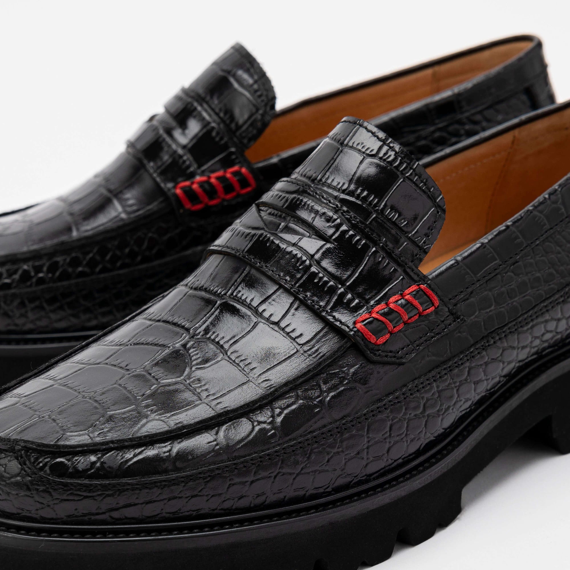 Adler Black Croc Leather Lug Penny Loafers