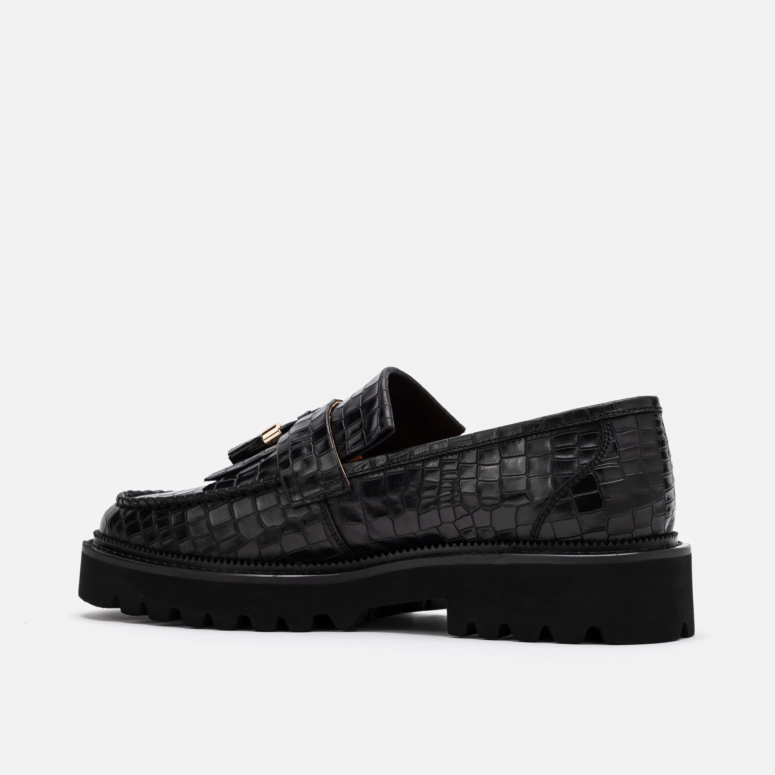  Journey Black Croc Leather Lug Tassel Loafer