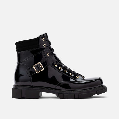 Atlas Black Patent Leather Strap Boots