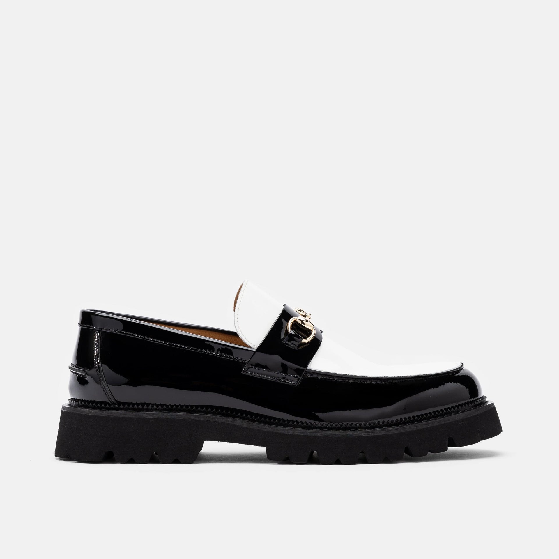 Blake Black White Patent Leather Lug Bit Loafers