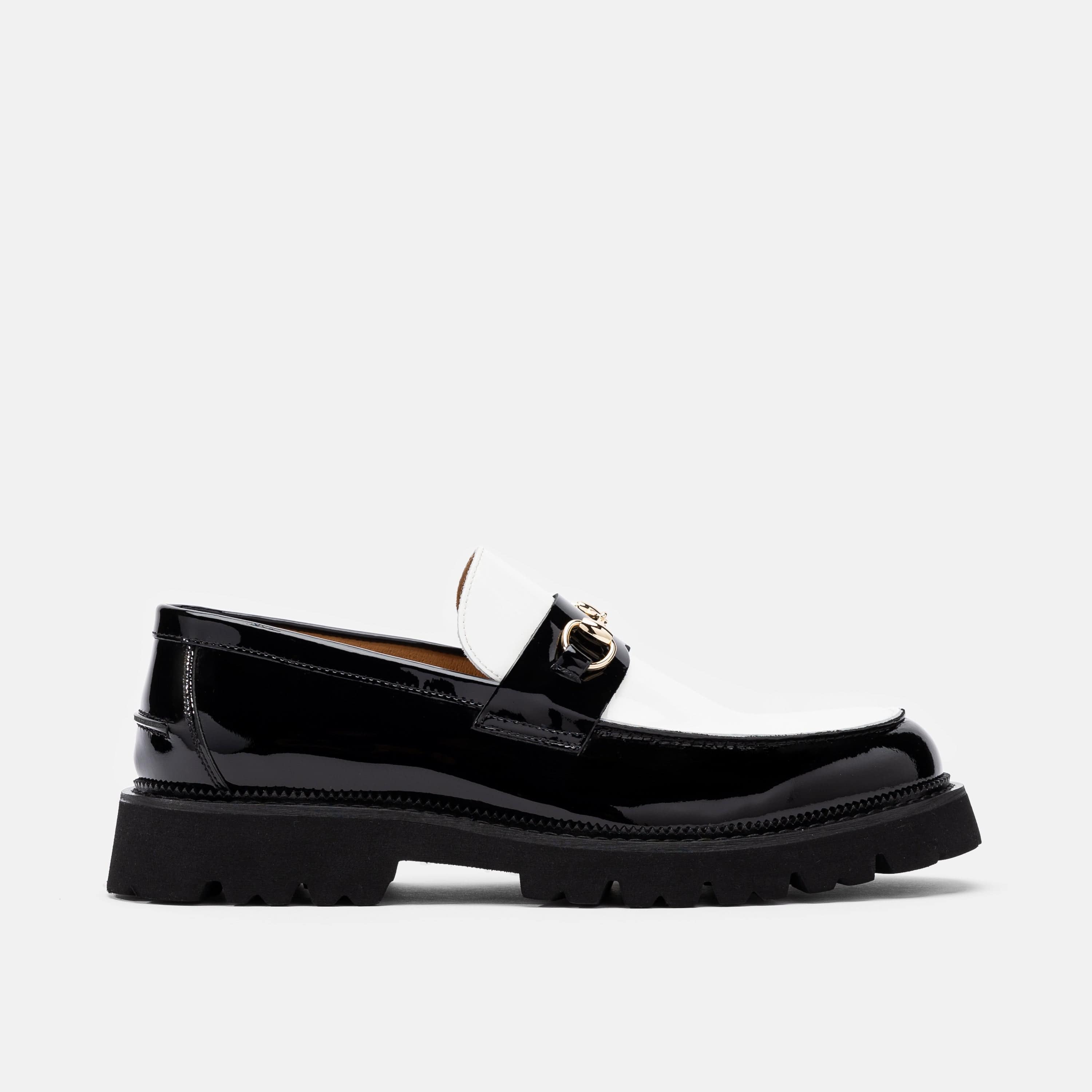 Blake Black/White Patent Leather Lug Bit Loafers