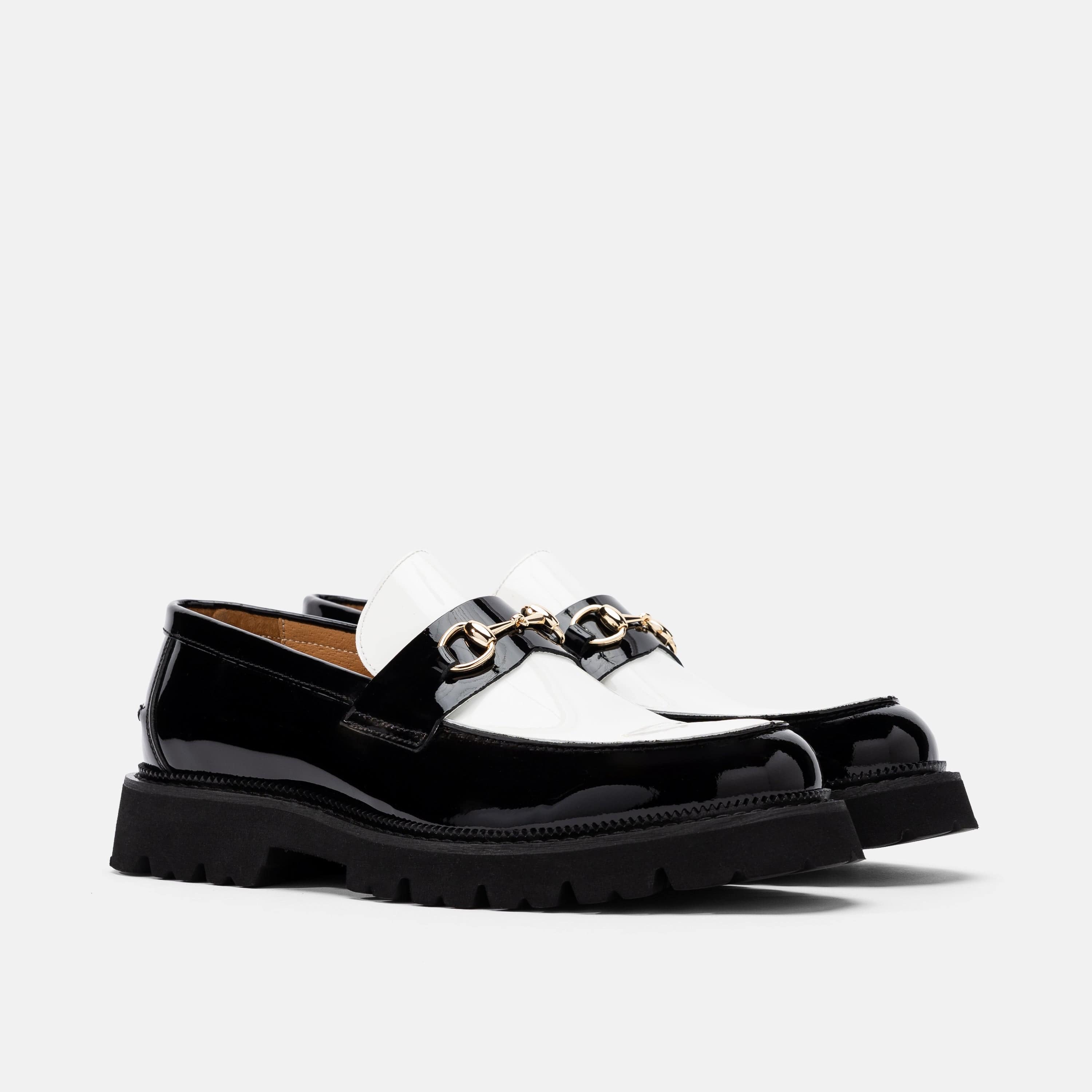 Blake Black/White Patent Leather Lug Bit Loafers