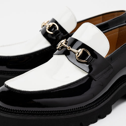 Blake Black/White Patent Leather Lug Bit Loafers