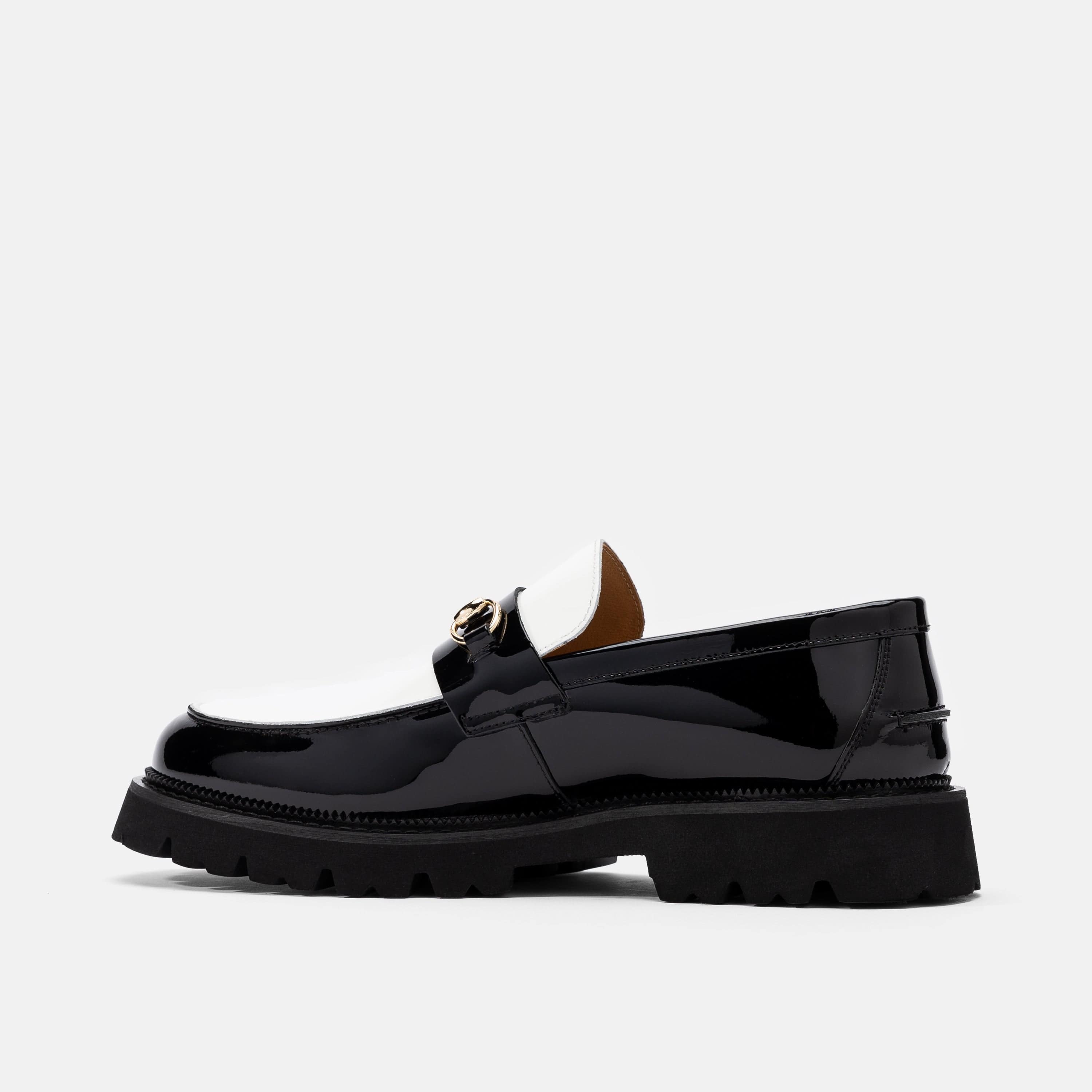 Blake Black/White Patent Leather Lug Bit Loafers