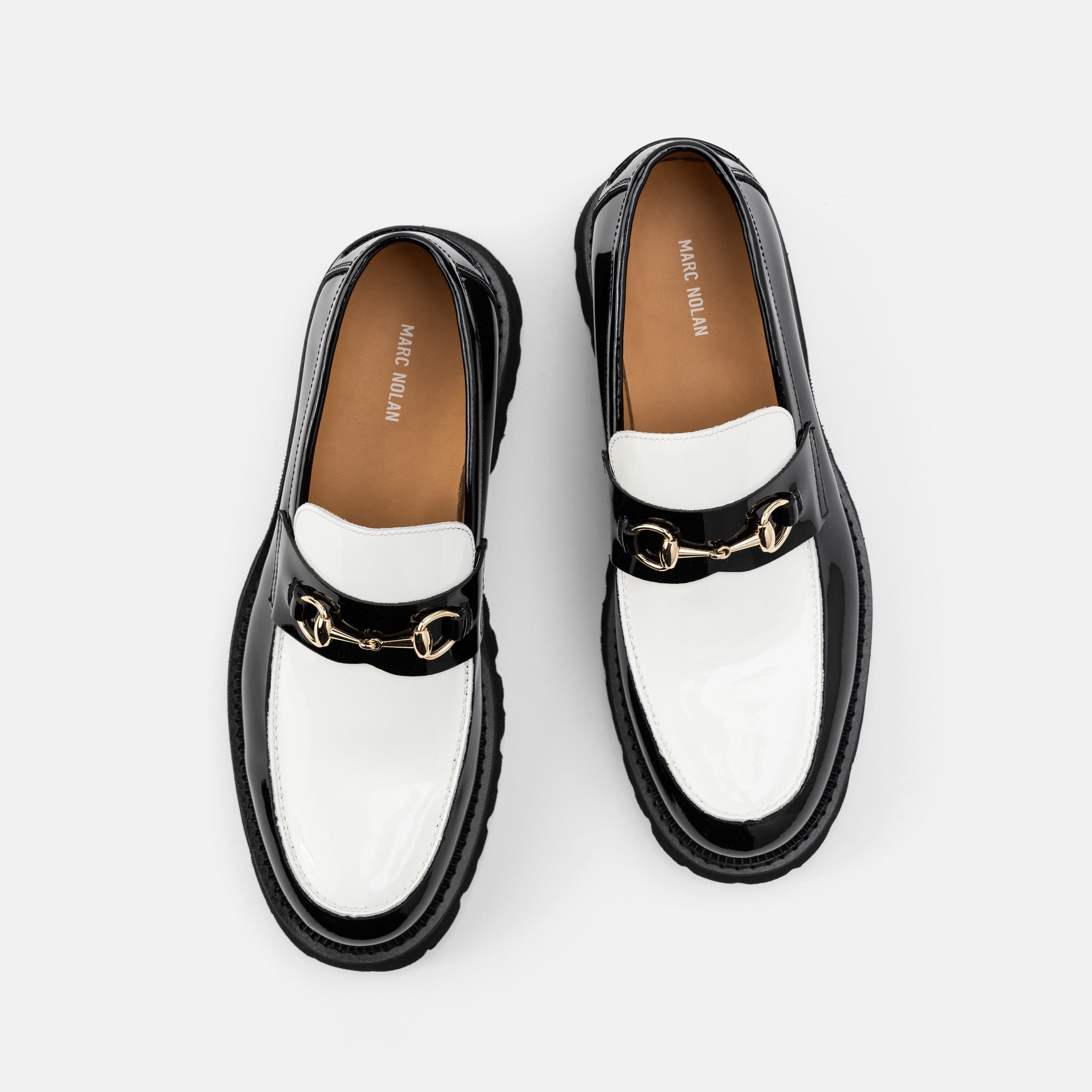 Blake Black/White Patent Leather Lug Bit Loafers