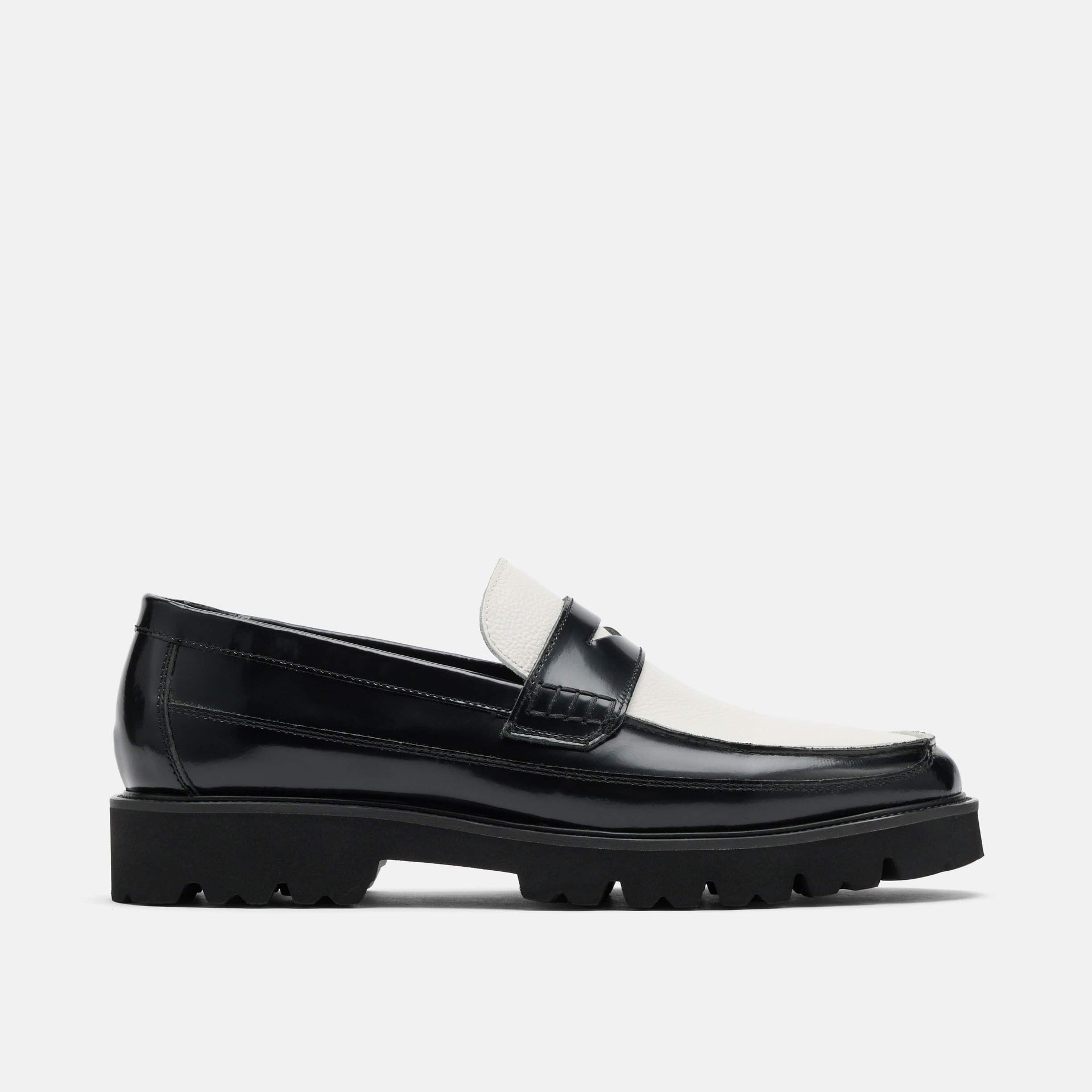 Adler Black White Leather Lug Penny Loafers