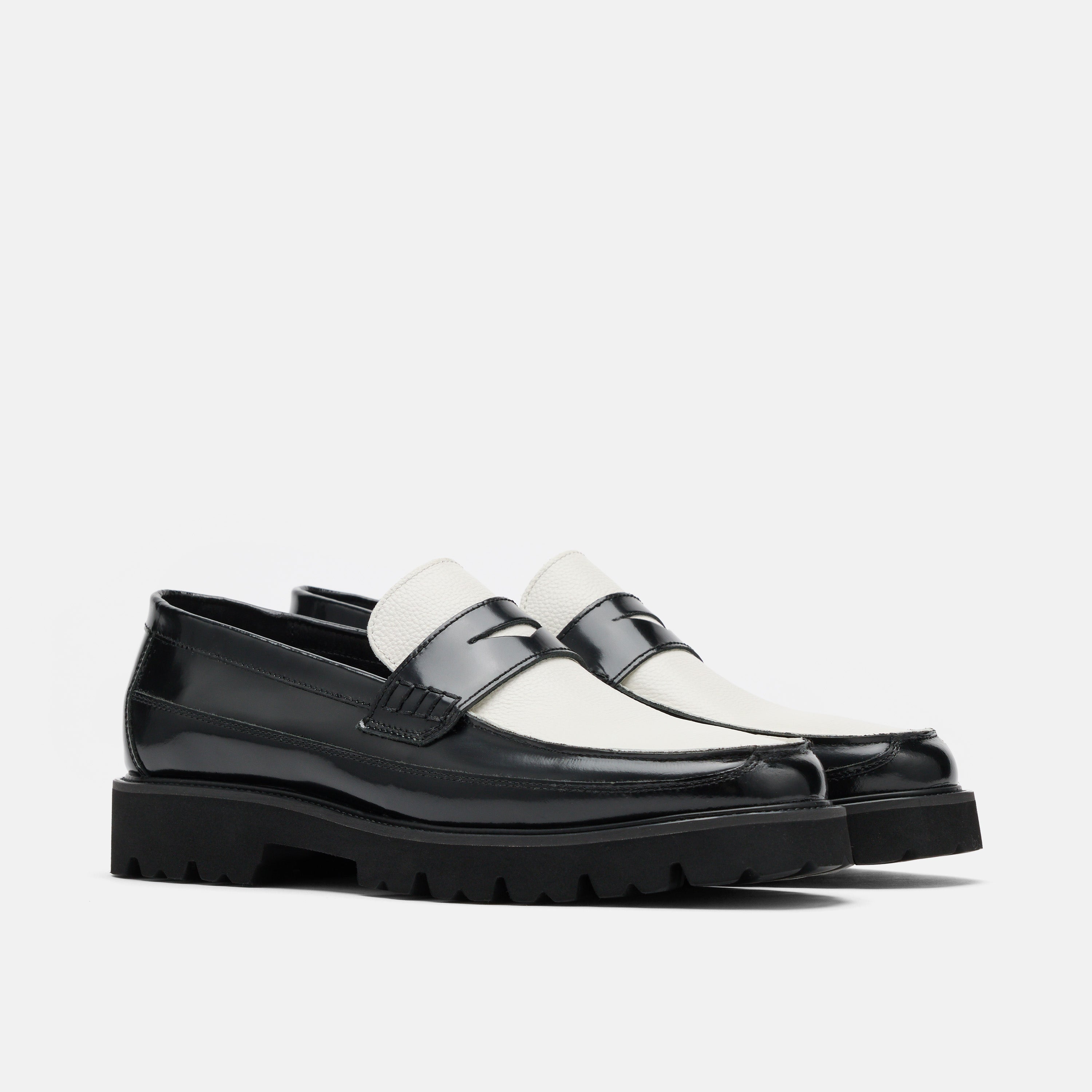 Adler Black/White Leather Lug Penny Loafers