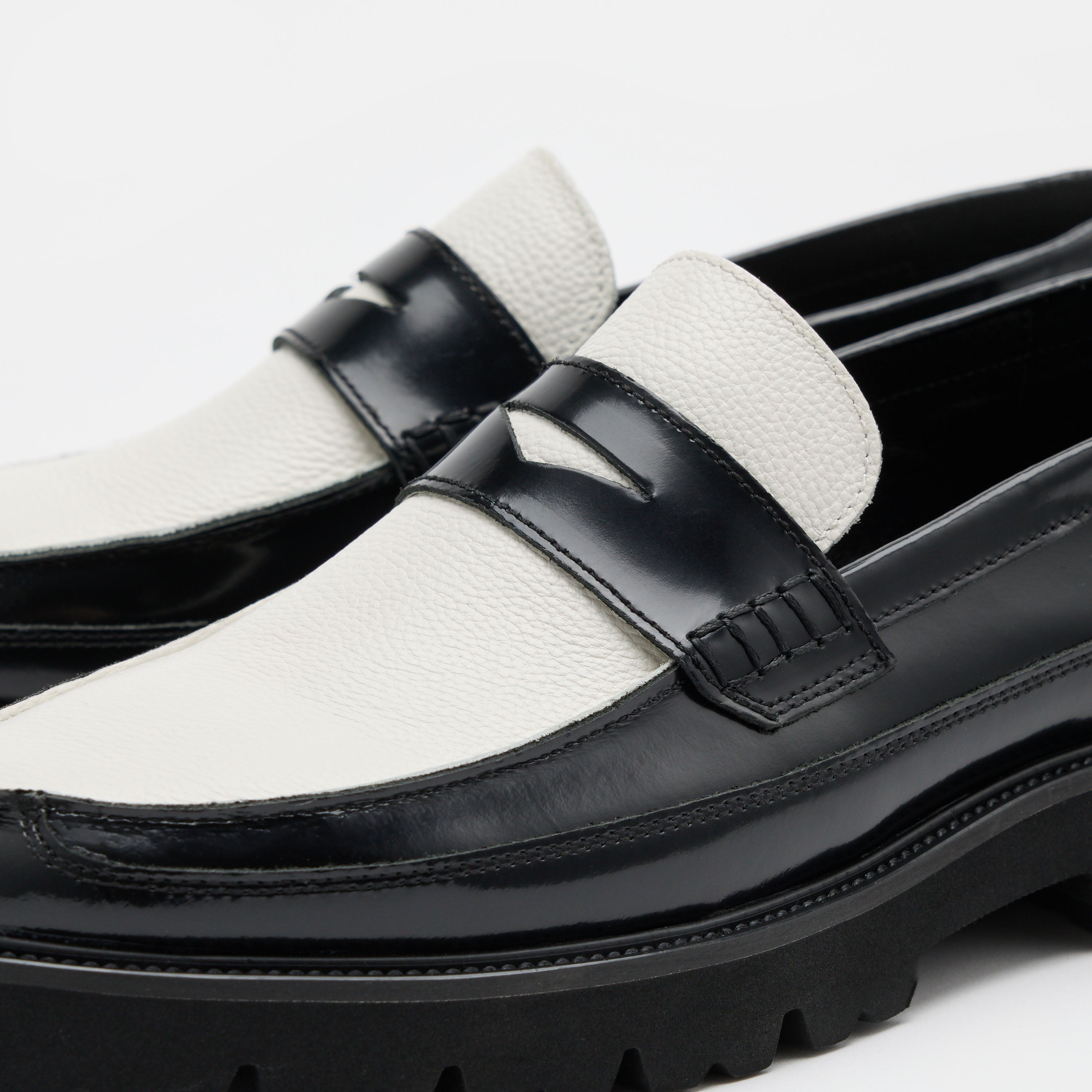 Adler Black/White Leather Lug Penny Loafers