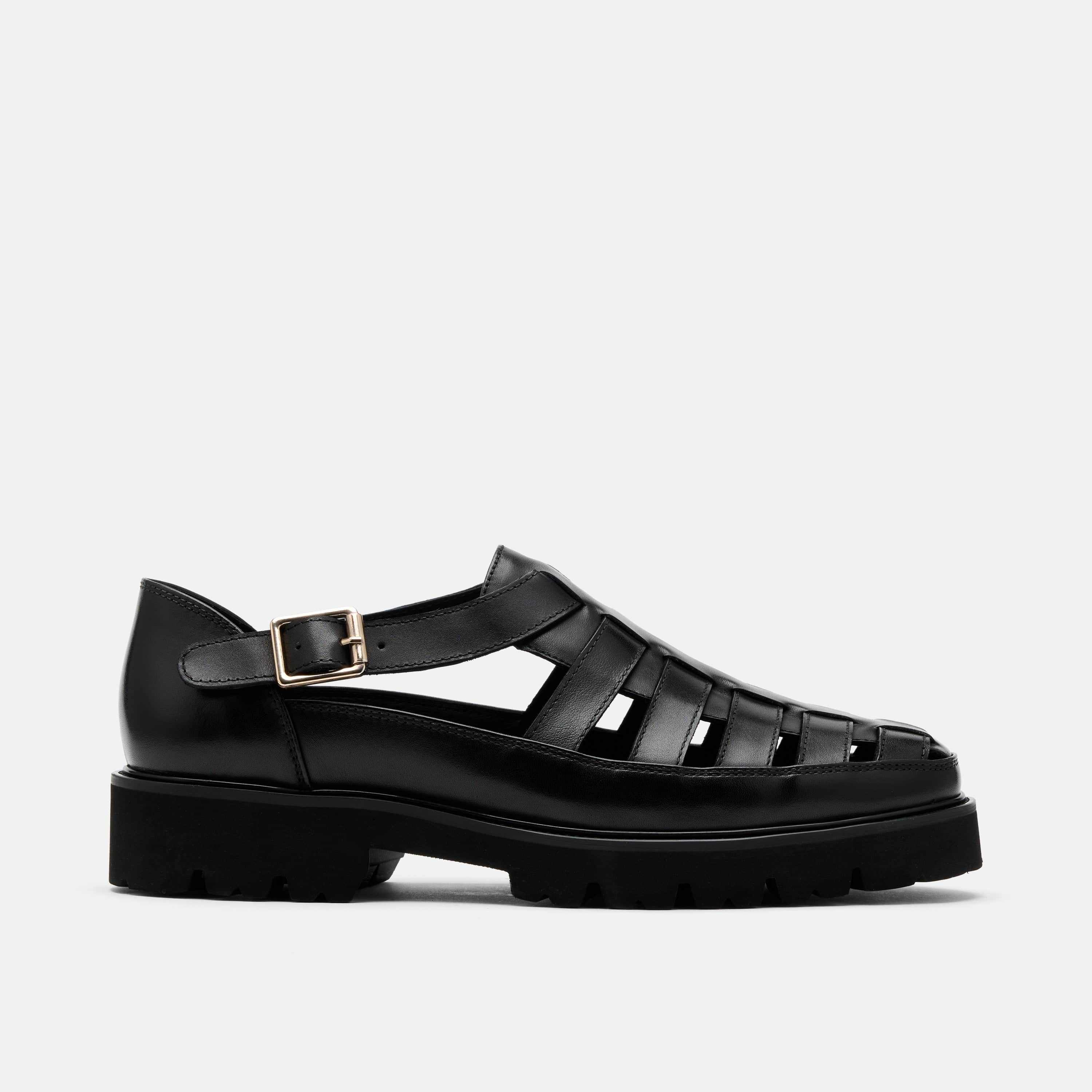 Magellan Black Leather Lug Fisherman Sandals
