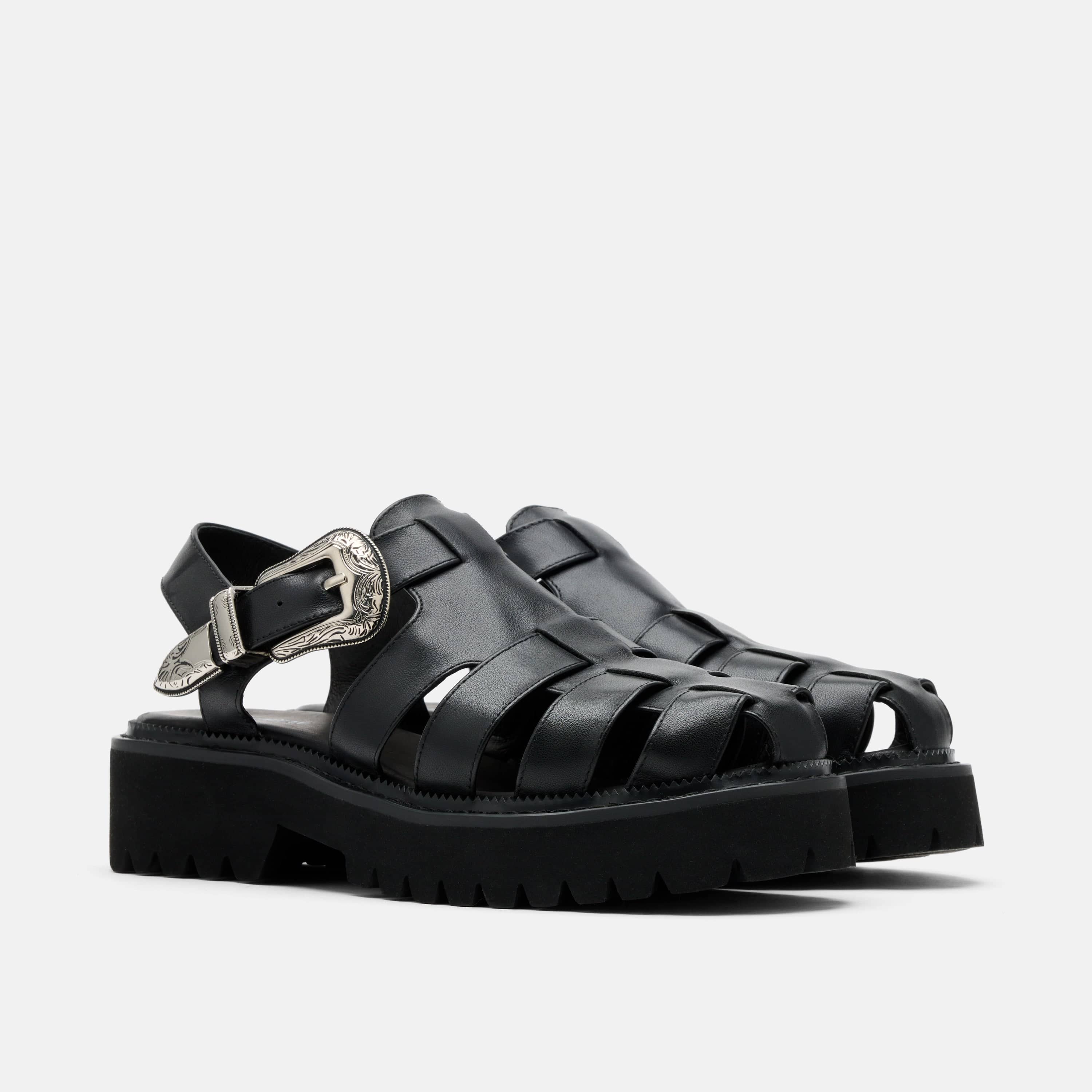Maya Black Leather Lug Fisherman Sandals