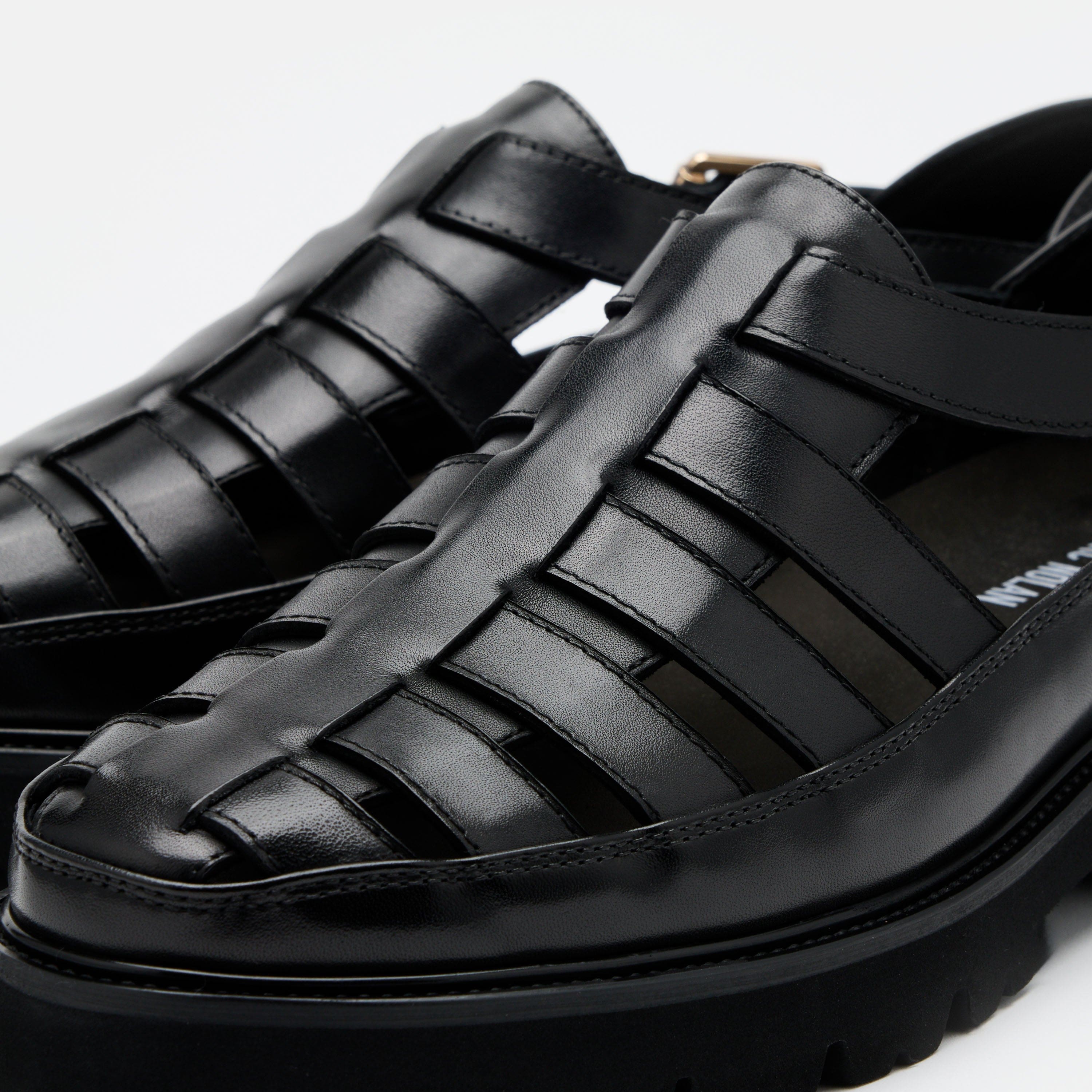 Magellan Black Leather Lug Fisherman Sandals