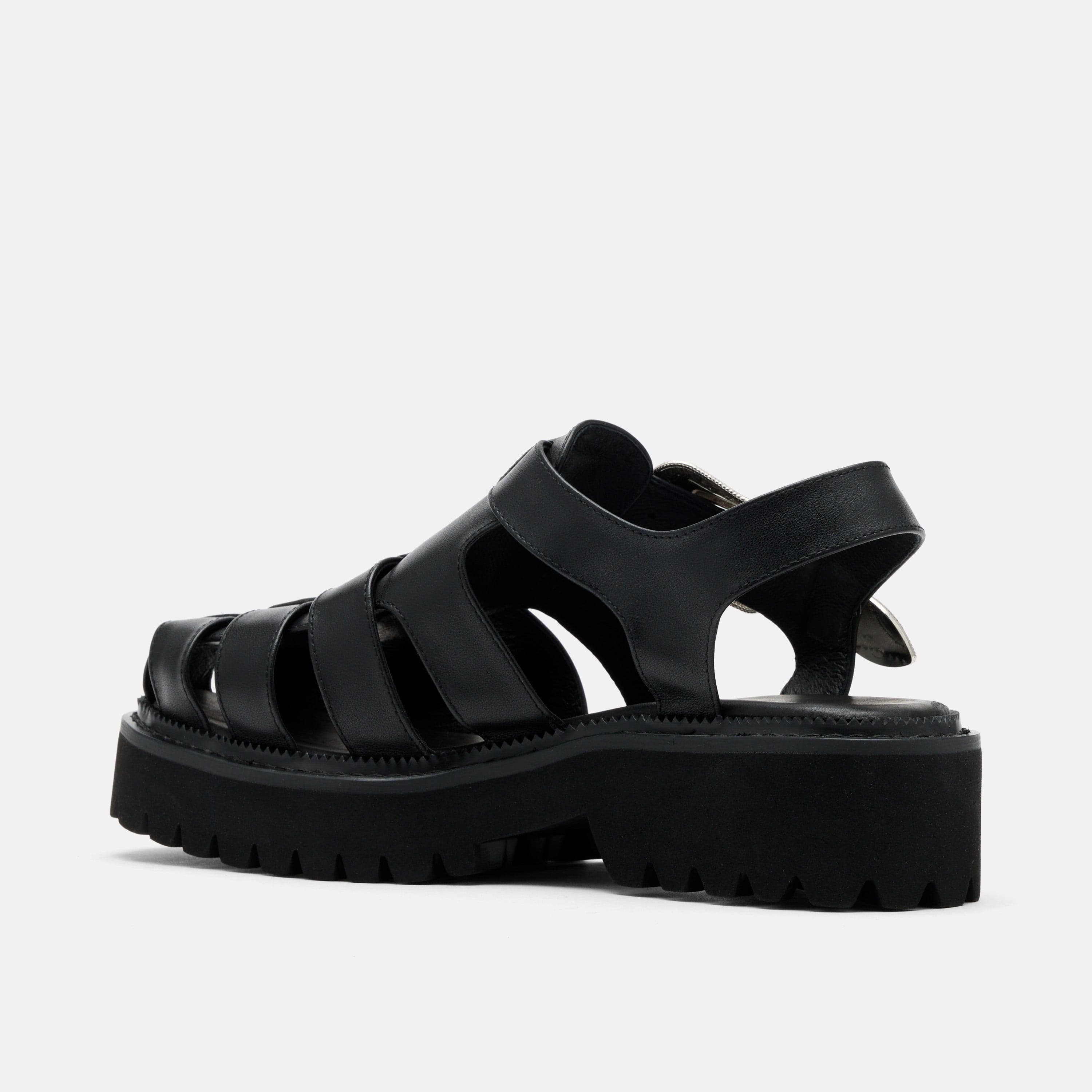 Maya Black Leather Lug Fisherman Sandals