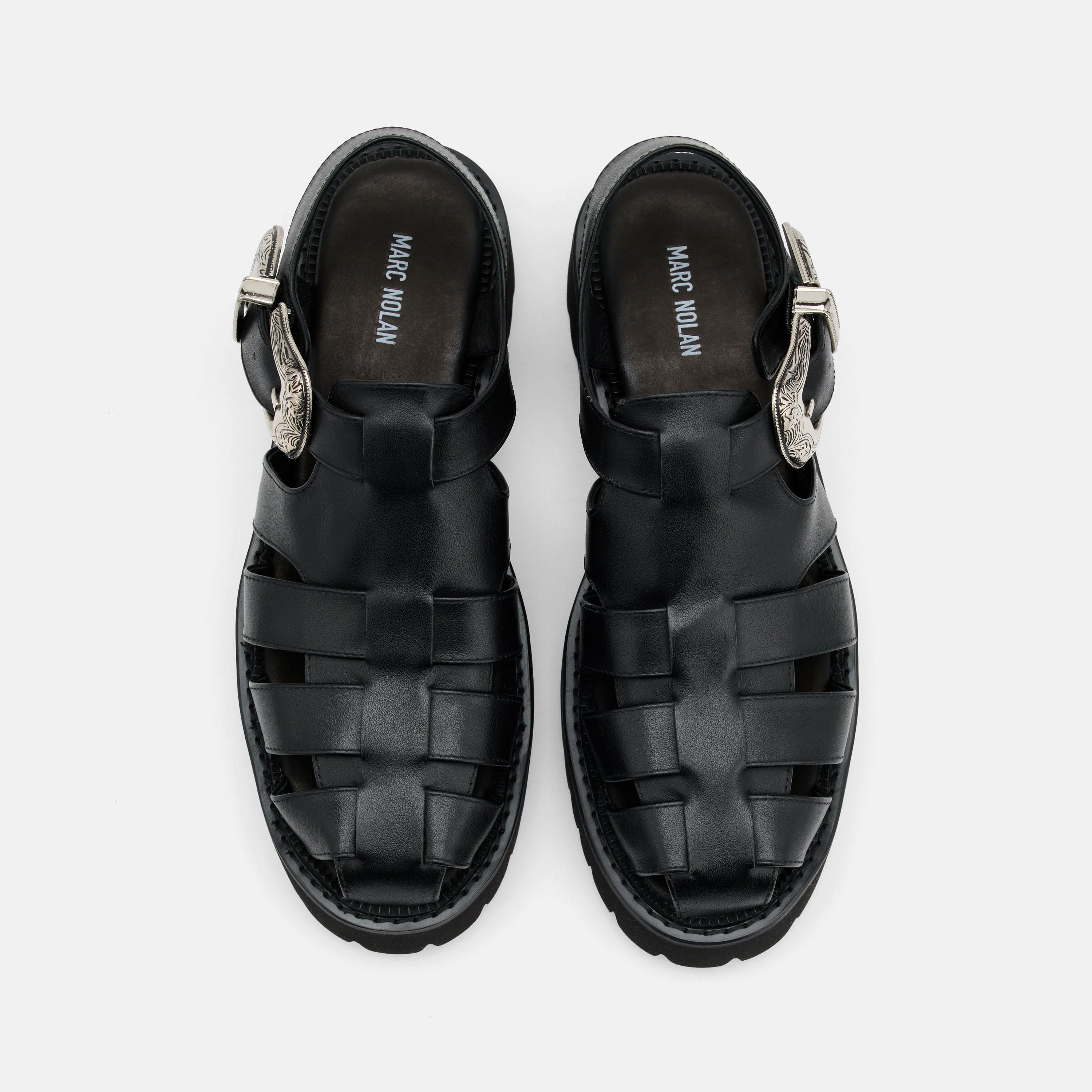 Maya Black Leather Lug Fisherman Sandals