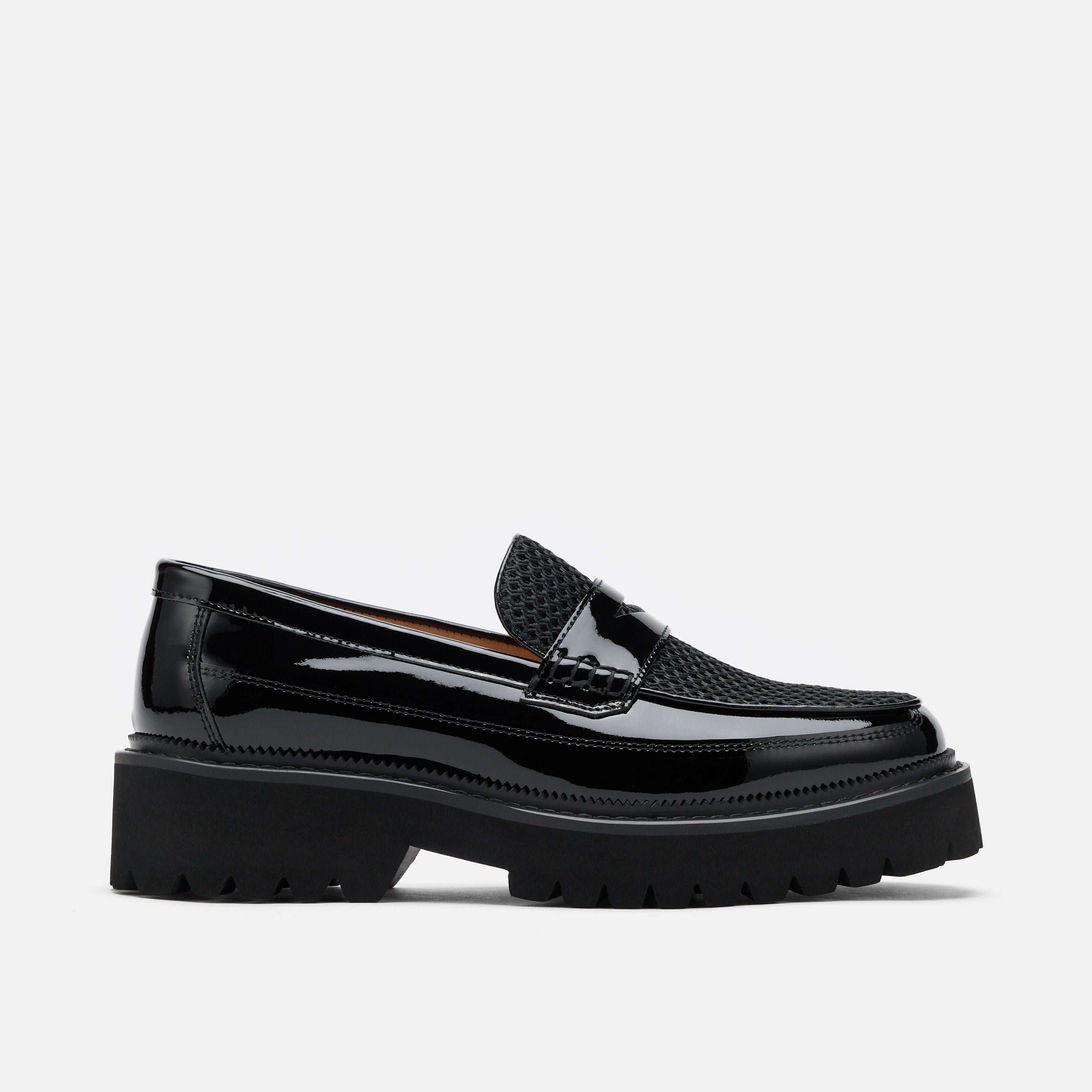 Ms. Adler Black Patent Leather Lug Penny Loafers