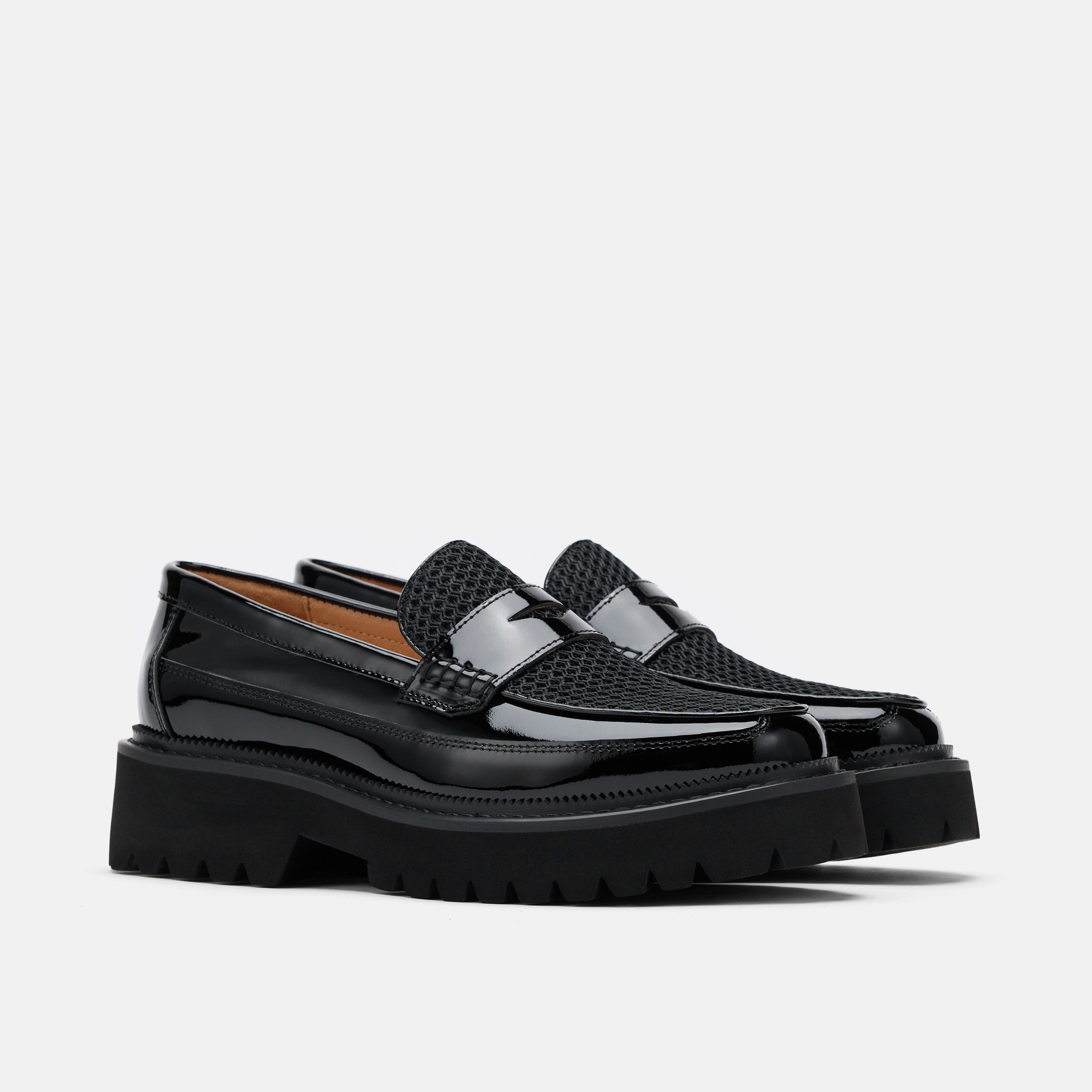 Ms. Adler Black Patent Leather Lug Penny Loafers