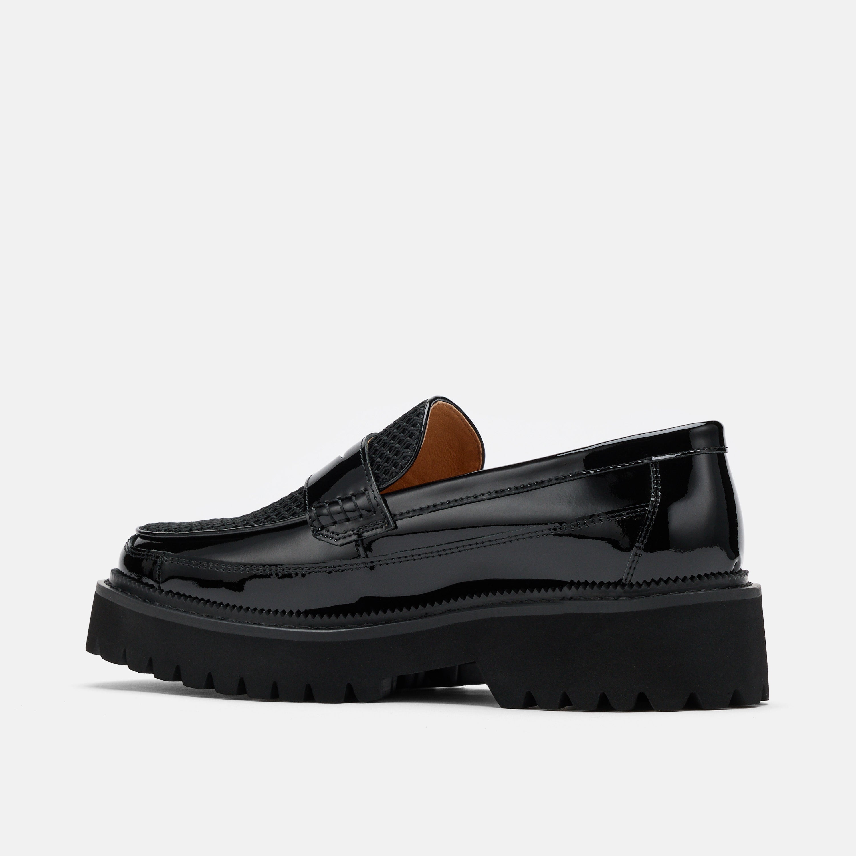 Ms. Adler Black Patent Leather Lug Penny Loafers