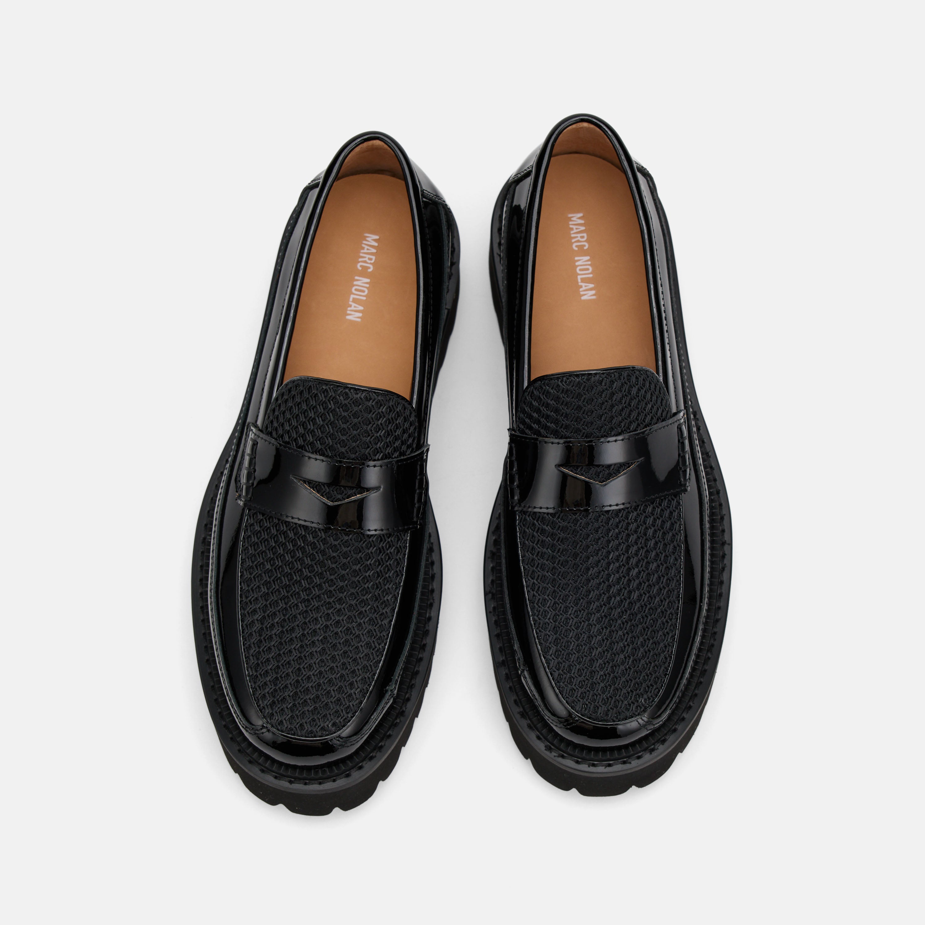 Ms. Adler Black Patent Leather Lug Penny Loafers