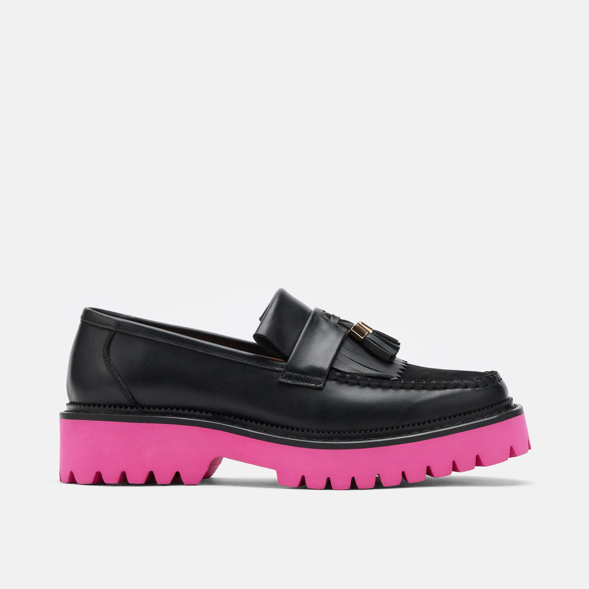 Ms. Journey Black Pink Leather Lug Tassel Loafer